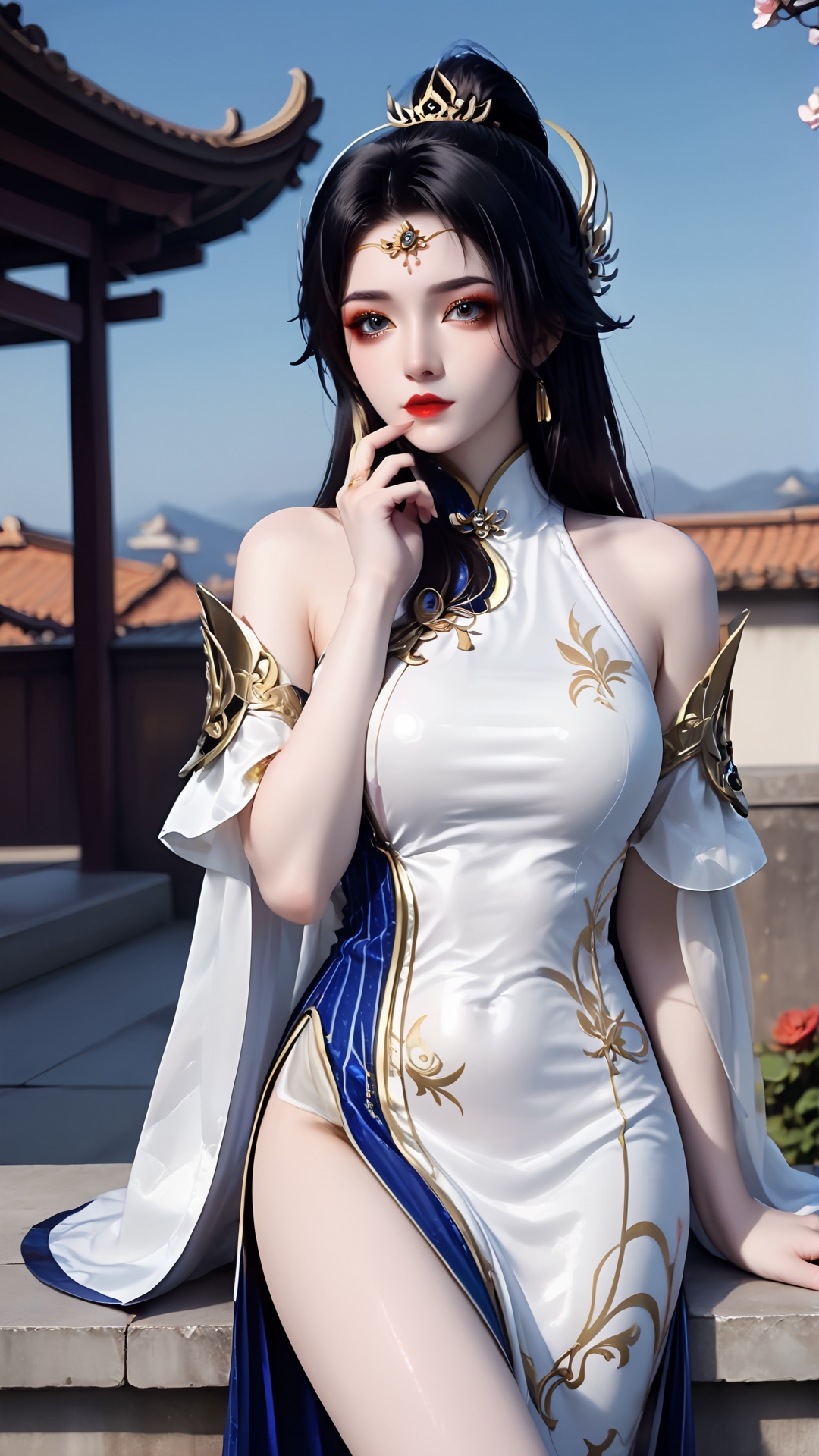 The image is a digital illustration of a young woman dressed in a traditional Chinese costume. She is standing on a rooftop with a clear blue sky in the background. The woman is wearing a white and blue dress with intricate gold embroidery on the bodice and sleeves. She has long black hair styled in a high ponytail with a gold headpiece on top. Her makeup is dramatic with dark eyeliner and red lipstick. She appears to be deep in thought,with her hand resting on her chin and a serious expression on her face. The overall mood of the image is elegant and regal.,<lora:pony玄衣-000003:0.8>,