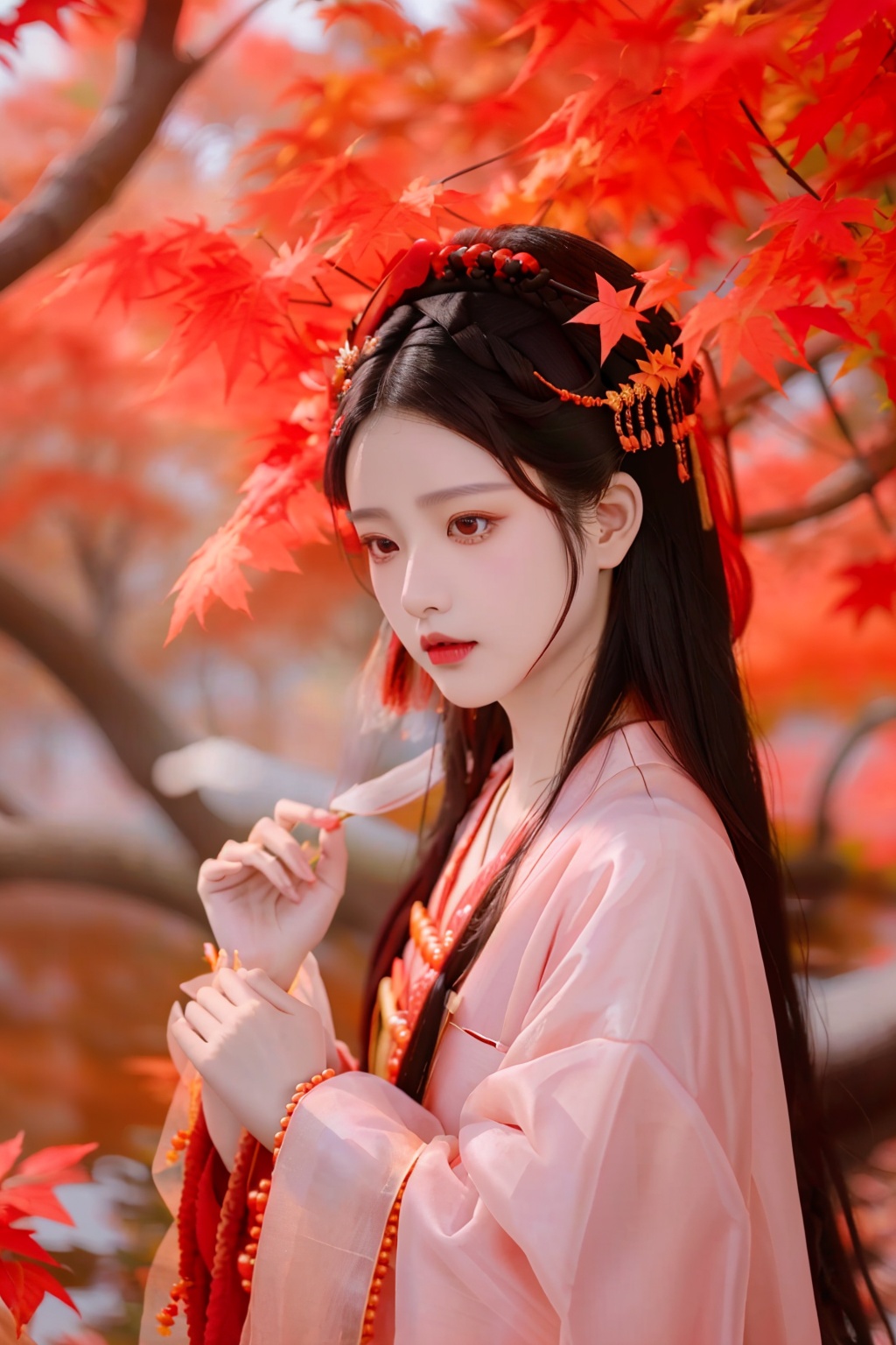 hanfu, maple leaf, 1girl, solo, black hair, long sleeves, jewelry, upper body, flower, bracelet, leaf, beads, branch, long hair, lips, realistic,   <lora:guzhuangfengye_v1:0.8>