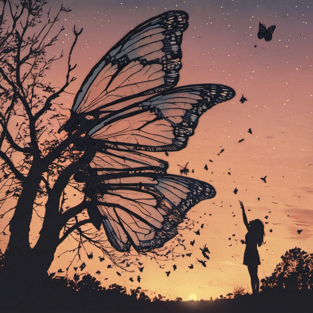<lora:ukiyo-e_xl:1>,butterfly wings,bug,wings,scenery,solo,silhouette,butterfly,sky,tree,no humans,light particles,fairy,sunset,nature,outdoors,star (sky),glowing,twilight,