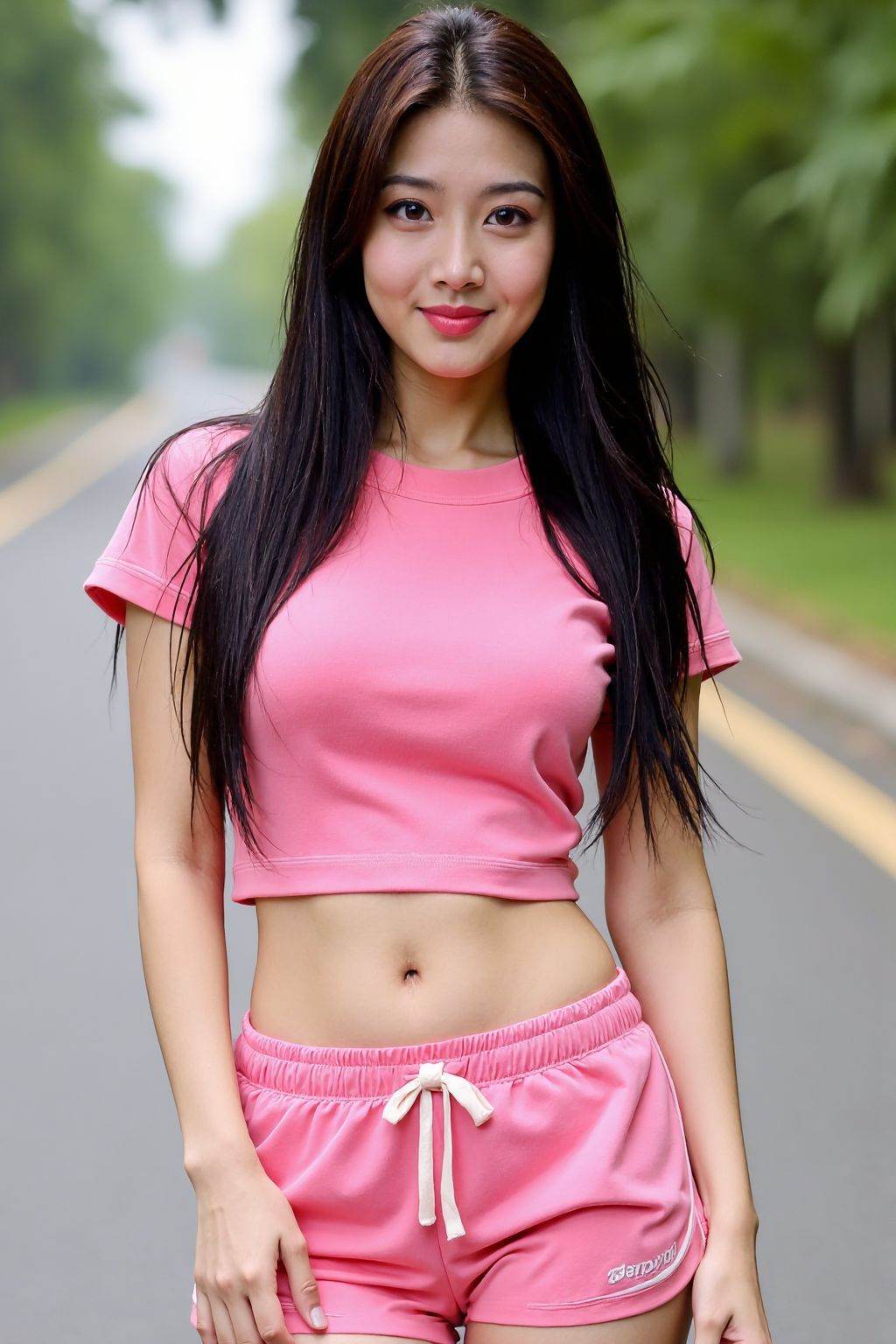 1girl,solo,long hair,breasts,looking at viewer,smile,large breasts,black long hair,shirt,navel,brown eyes,standing,short sleeves,outdoors,shorts,day,midriff,lips,crop top,pink shirt,realistic,arms at sides,road,taut shirt,photo background,pink shorts,extremely slim waist,slim waist,