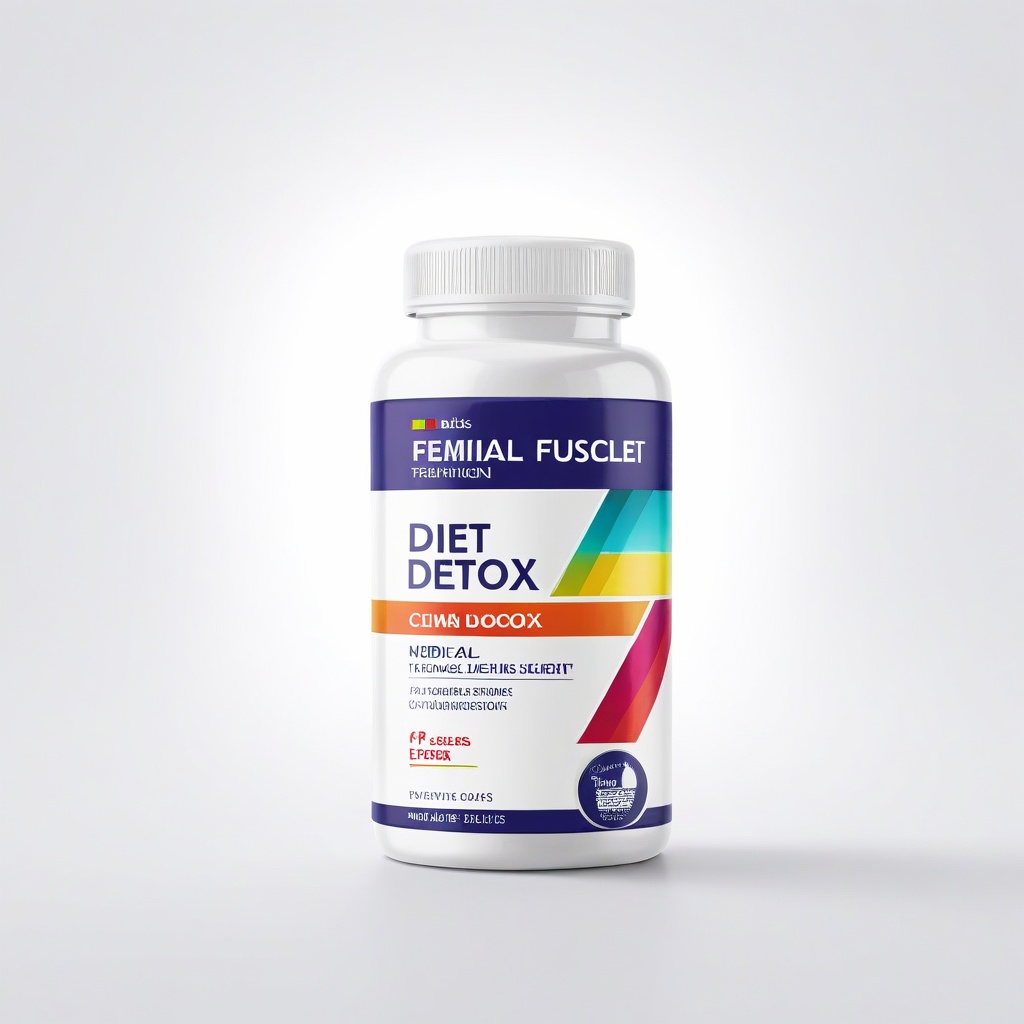 (Smooth white bottle: 1.3), (Weight loss detoxification capsule: 1.2), white plastic surface with semi gloss, fine texture reflecting natural light, capacity of 60 capsules, overall design simple and modern, (central main title: "DIET DETOX"), bold navy blue sans serif font, vertically centered, left aligned layout, top with colorful gradient humanoid logo, blue-green yellow red gradient symbolizing health and vitality, logo position prominent in the upper left corner, "DIET DETO 4U" rounded font, minimalist style with vitality colors, (waist contour icon: 1.2), deep purple design, tape measure surrounding waist, highlighting slim concept, icon arranged near the lower right corner, (red triangle graphic: 1.1), Visual focus enhancement, gradient from blue to red, arc extending from upper right to lower left, enhancing visual flow (orange banner: "Natural"), Below the main title, there is a feature list in small colored font, aligned to the left with orange, blue, and red text. The main functions are listed as follows: "The most effective formula, burns calories, increases energy, and suppresses appetite". The font is small and exquisite (blue area in the bottom left corner: 1.2). Near the bottom of the bottle, it is labeled as "60 capsules". The gray font indicates a contrast with the blue block, and the design is neat and professional. The label background is pure white (medical and cleanliness: 1.3). The bottle body material is semi glossy plastic, with delicate luster and weak reflection effect. The light source comes from the upper left, enhancing the three-dimensional sense of the bottle. The highlight treatment is concentrated on the edge (soft shadow effect: 1.1), increasing the three-dimensional sense. (Overall health and slimming theme: 1.2) The design is well-organized and the information layout is compact, ensuring visual fluidity and suitable for high-end e-commerce display, (Exquisite lighting and texture details: 1.2), clear hierarchy in label and bottl