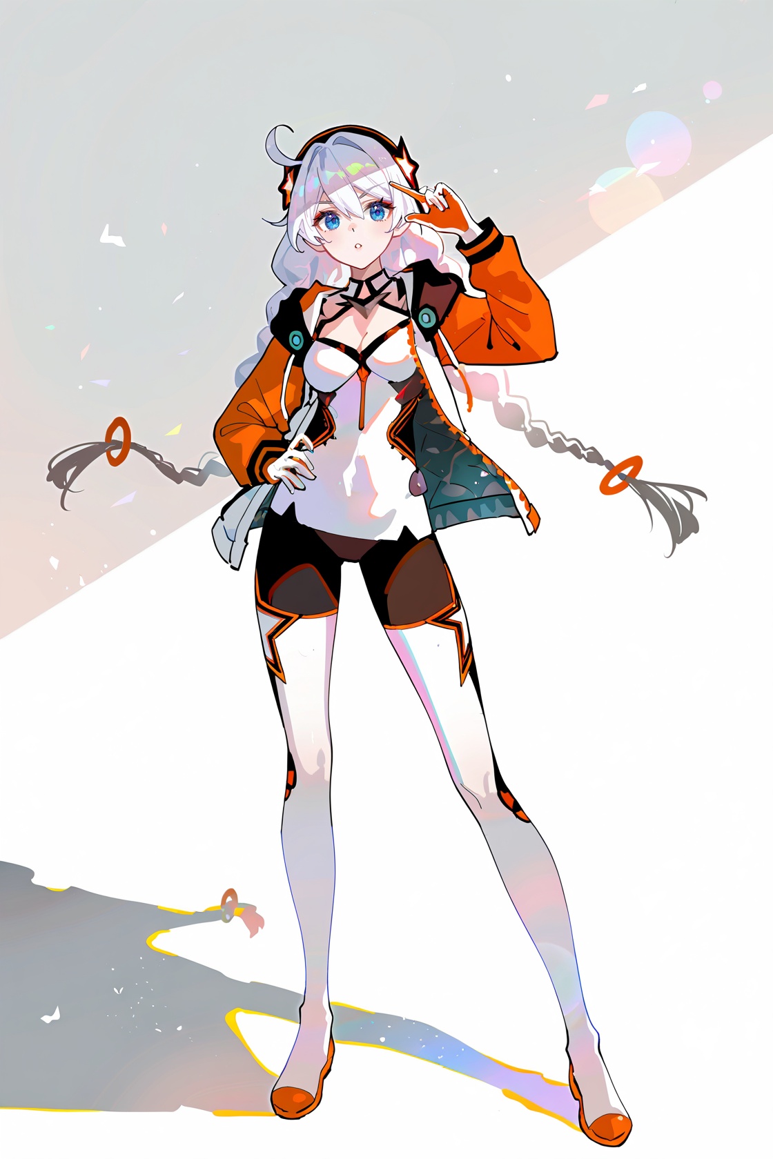 8k, best quality, masterpiece, (ultra-detailed), (high detailed skin), ((artist:reoen),(artist:fuzichoco),(artist:atdan),(artist:torino_aqua),year 2024:0.8)1girl, [artist:wlop], [artist:ningen_mame], artist:ciloranko, [[artist:rhasta]], artist:tidsean, colorful, detailed light, light leaks, sunlight, bokeh, blurry foreground, ray tracing, lens flare, cinematic lighting, full body, full shot, standing, looking at viewer, (solo:1.2), simple background, (white background:1.2), hand on own hip, (white background:1.1), <lora:kiana-young-noob-Tanger:0.7>, kiana kaslana, mitu,mitu clothes,  7th clothes, 1girl, jacket, braid, blue eyes, twin braids, long hair, white hair,