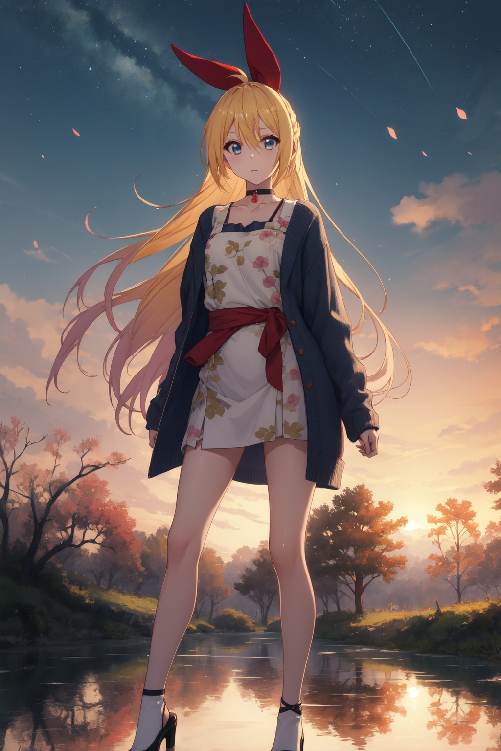 <lora:Chitoge-000008:0.8>,Chitoge CYQL,1girl,looking at viewer,solo,long hair,blonde hair,hair between eyes,ribbon,hair ribbon,red ribbon,hair bow,blue eyes,choker,Wrap-style Aran sweater worn over a bodycon skirt and heels,light_blush,full_shot,Marshland, Sunrise, Birds, Water, Reeds, Reflection, Serenity, Colors,(Orchids, Ferns, Palm trees, Epiphytes, Dense foliage, Humidity, Exotic birds:0.5),beautiful detailed sky,beautiful detailed glow,posing in front of a colorful and dynamic background,masterpiece,best quality,beautiful and aesthetic,contrapposto,female focus,wallpaper,