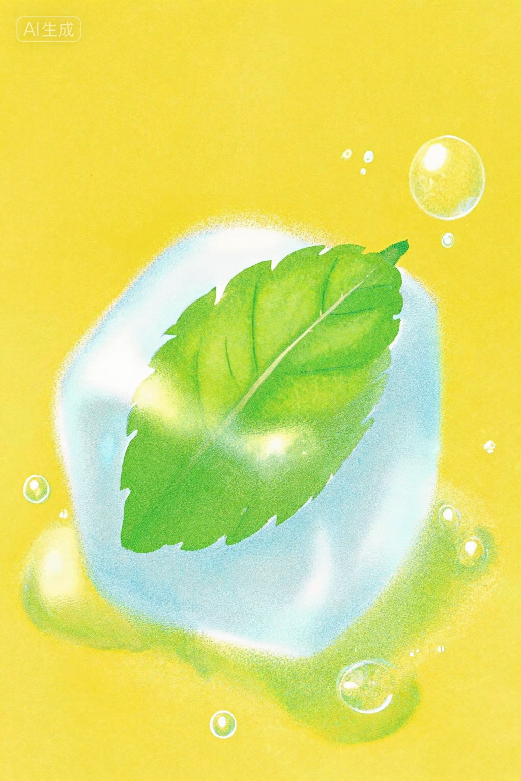 一张清新治愈的插画,  背景是明亮的柠檬黄,  画面中心是一块正在融化的方形冰块 by 小狗宾利 on Tensor.Art