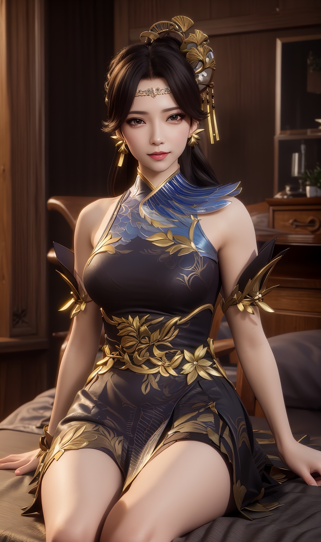 masterpiece,(best quality),3d,official art, extremely detailed cg 8k wallpaper,((crystalstexture skin)), (extremely delicate and beautiful),highly detailed,1girl,solo,long hair,headwear,(sitting),(black_hair),((dress,skirt)),, (chinese_clothes),((upper body)),sweet smile, (medium breasts),((hair_ornament)),(sunshine, indoor,(bed)),((looking_at_viewer)),((Facing the camera)),, <lora:hipoly3DModelLora_v10:0.3>