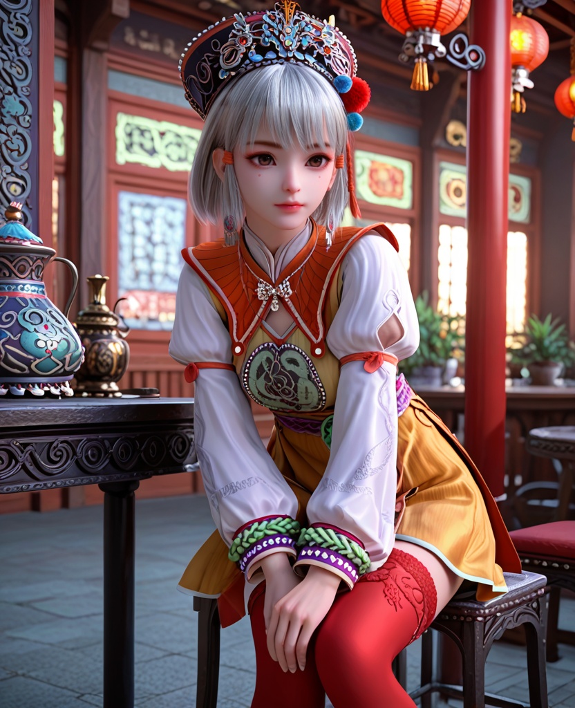 (oriental architecture, elegant decor, sophisticated style:1.1),(Sitting on a stool, leaning forward with elbows on knees,:1.1),(breasts:1.2),<lora:XL少年白马小白:0.95>,miss xiaobai,yellow short dress,brown detachable collar,puffy long sleeves,brown miniskirt,belt,brown eyes,mole under eye,silver hair,bangs,hat,jewelry,red thighhighs,pom pom \(ornament\),, score_9,score_8_up,score_7_up,score_6_up,score_5_up,score_4_up,3d rendering,tag1,tag2, Cinematic Lighting,backlighting,