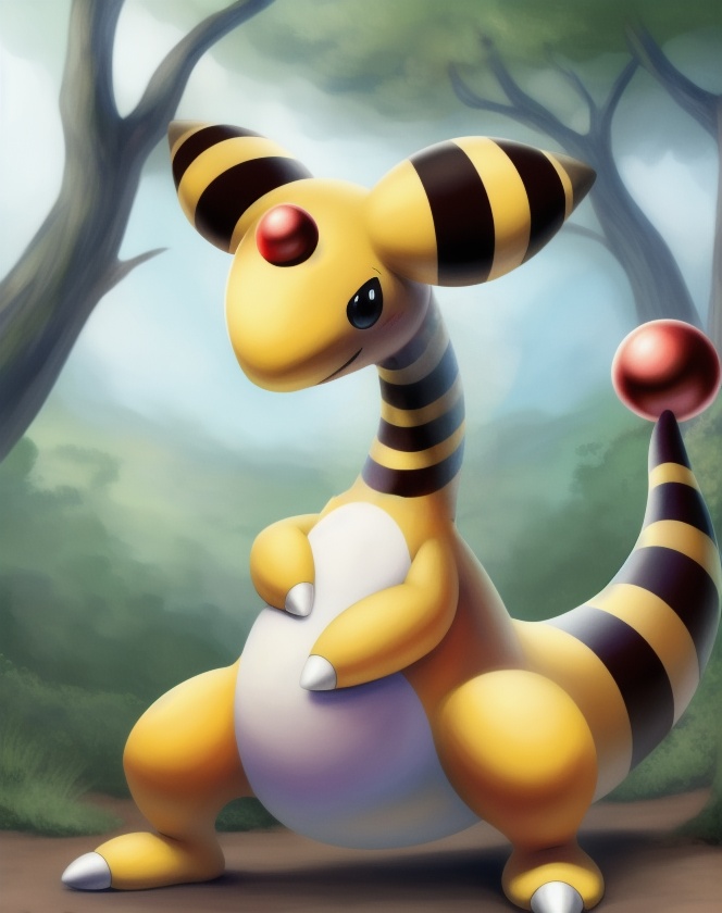 Masterpiece,high quality,ampharos,full body,pokemon \(creature)\,solo,no humans,outdoors,There is a red pearl on the head,There are red beads on the tail,Yellow skin,White abdomen,The yellow and black stripes on the ears,<lora:20240131-1706710157446:0.8>,short neck,