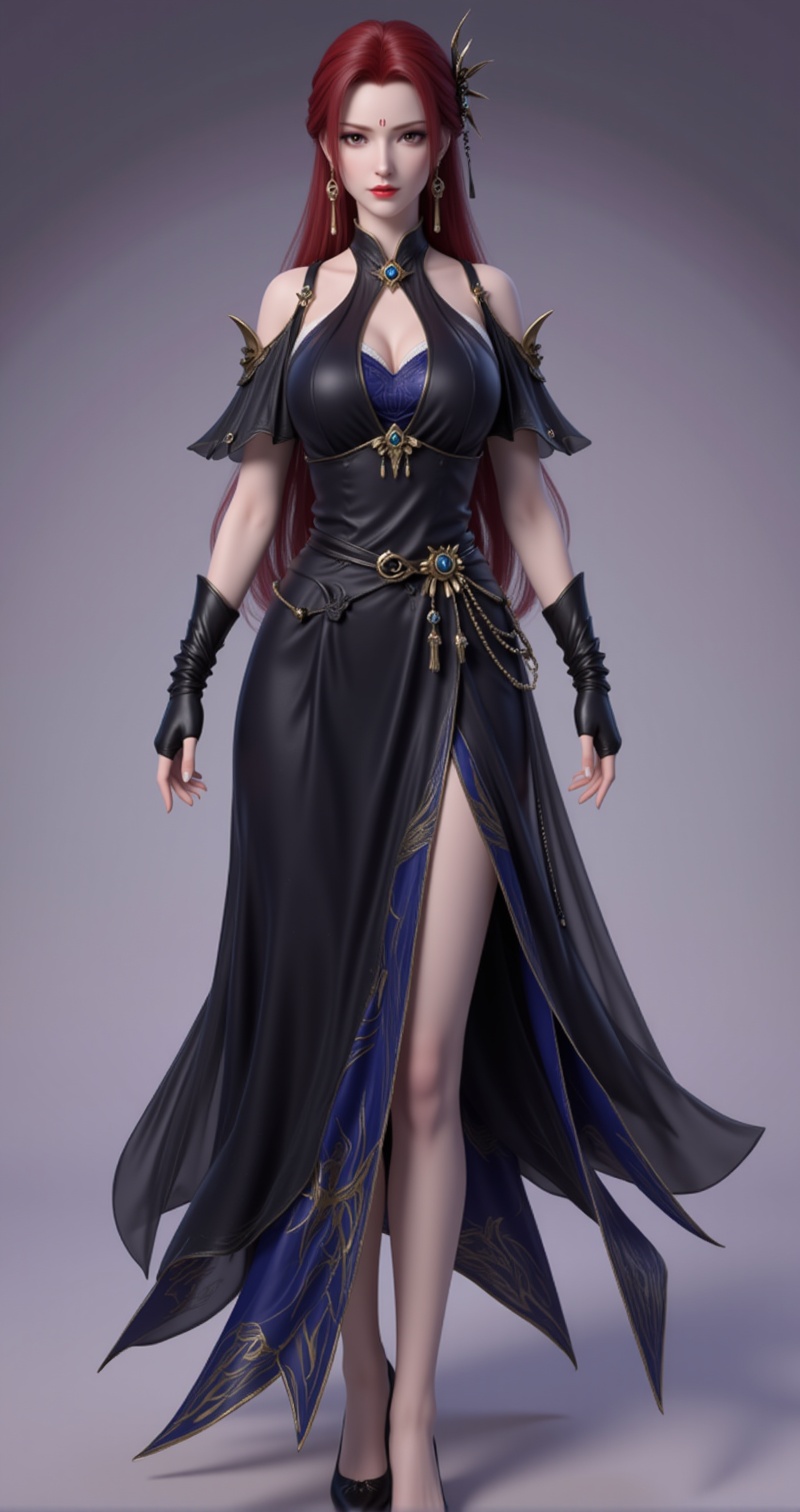 <lora:雅菲·百搭版7:1>,yafei,earrings,jewelry,red hair,makeup,brown eyes,red lips,facial mark,hair ornament,<lora:曹颖衣服6:1>,caoyi,1girl,dress,solo,gloves,full body,black gloves,black footwear,breasts,black dress,standing,bare shoulders,fingerless gloves,2,cover,gradient background,close-up details,outstanding style,adding a touch of dimension to your images without compromising details,close-up,<lora:DJ滤镜_2.5D版:0.3>,lvjing,<lora:油画唯美滤镜15:0.2>,baoshi,