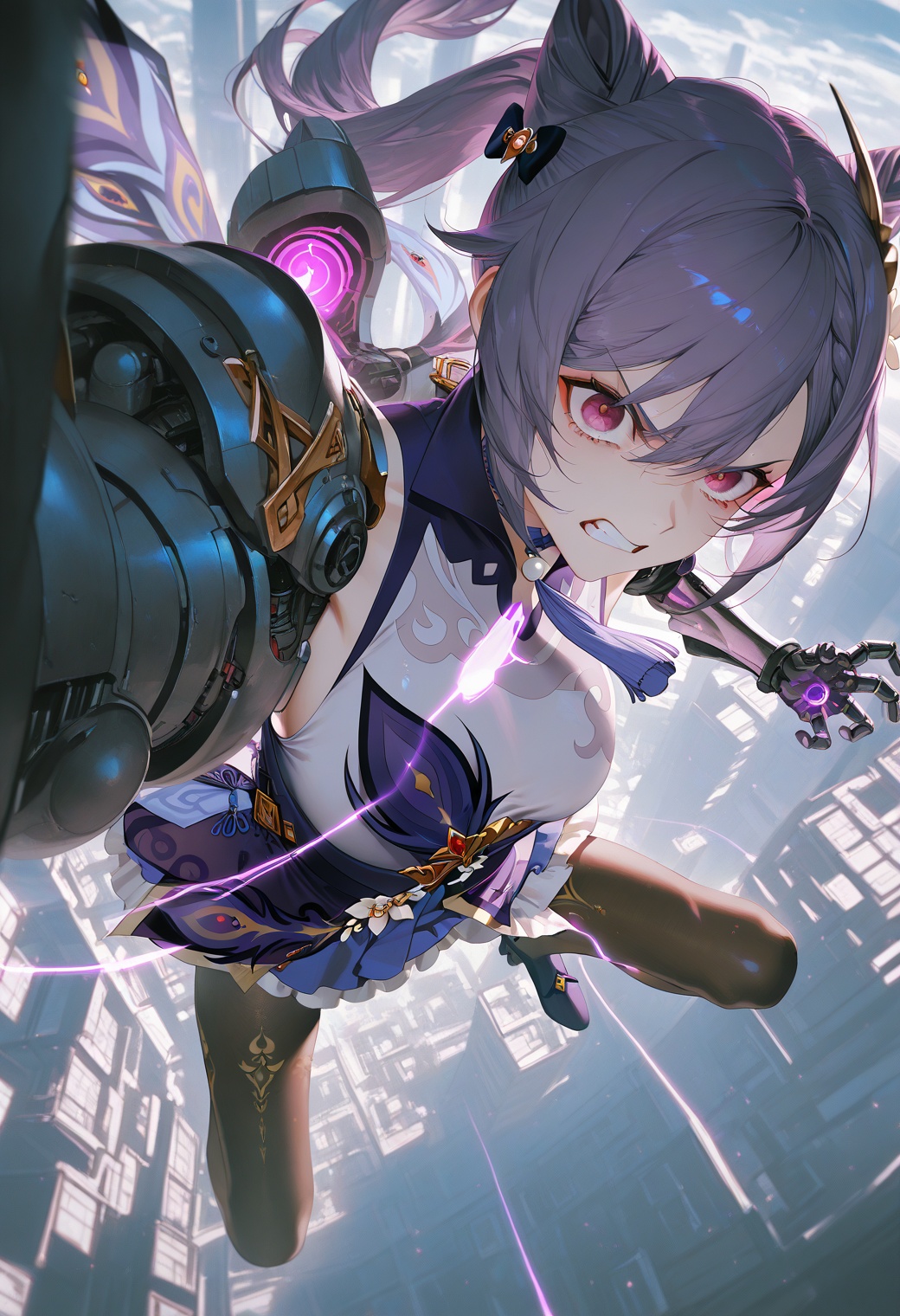 masterpiece,best quality,amazing quality,very aesthetic,absurdres,newest,scenery,impactful picture,offcial art,movie perspective,(yoneyama mai:0.5),(WANKE:0.5),(noyu (noyu23386566):0.5),(aos:0.5),(fajyobore:0.5),(chiaroscuro:0.5),keqing \(genshin impact\),1girl,solo,battle posture,face close-up,angry expression,from_above,sci-fi scene,mechanical arm,armor,