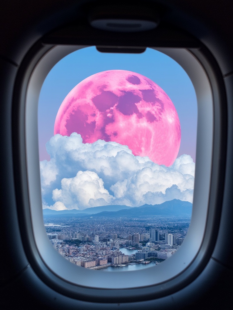 An airplane window view with cityscape below,  while beyond the window frame reveals a giant pink moon and dreamlike cloud...
