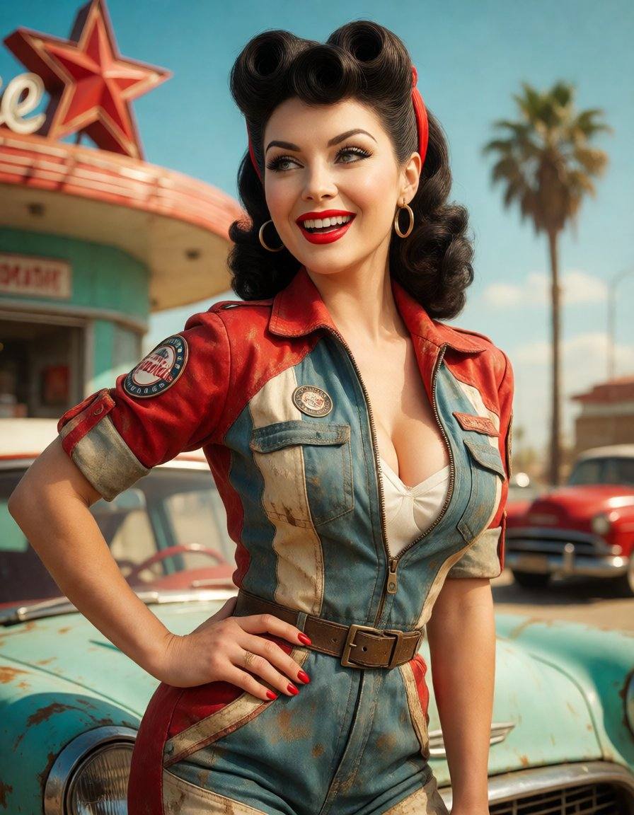 a bombshell pinup model with victory-roll hairstyle,  posing with one hand on her hip and a playful confident smile,  wear...
