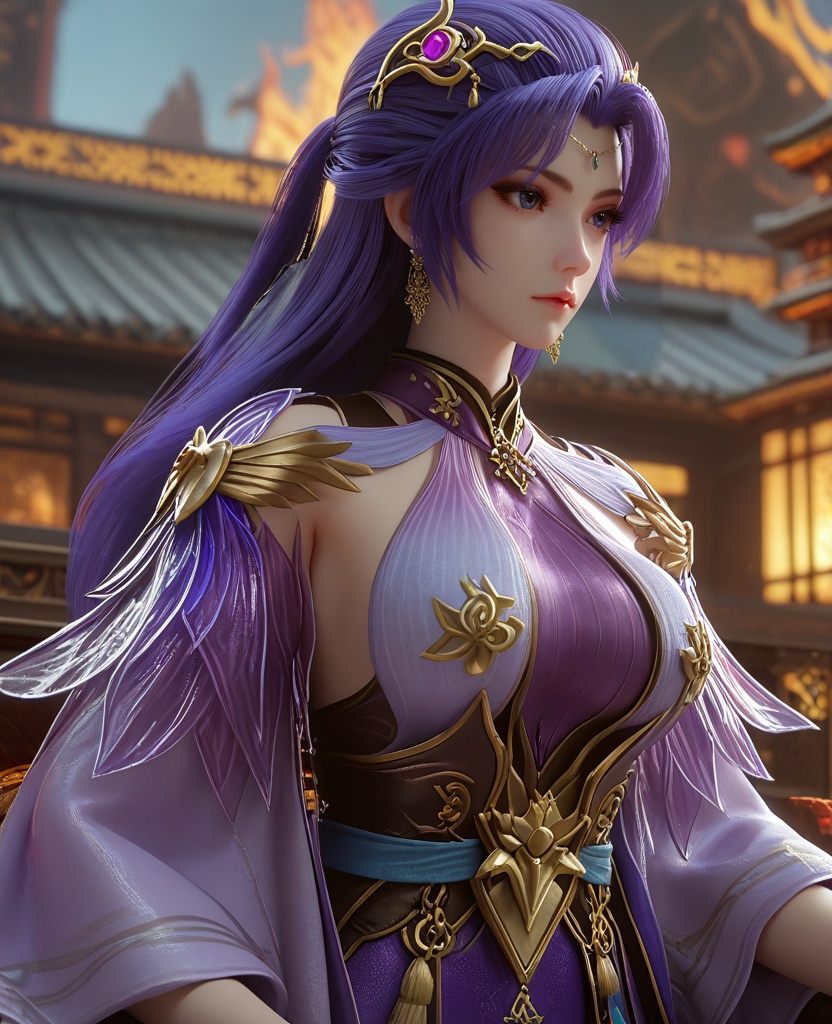 (Turning her head slightly, eyes gazing through lowered lashes, she radiates a smoldering intensity:1.1),(large breasts:1.2),<lora:XL16云深不知梦叶青梧:0.95>,miss yeqingwu,violet panel dress,purple hair,half-up ponytail style,long hair,hair ornament,earrings,jewelry,wide sleeves,sash,, score_9,score_8_up,score_7_up,score_6_up,score_5_up,score_4_up,3d rendering,tag1,tag2, Cinematic Lighting,backlighting,