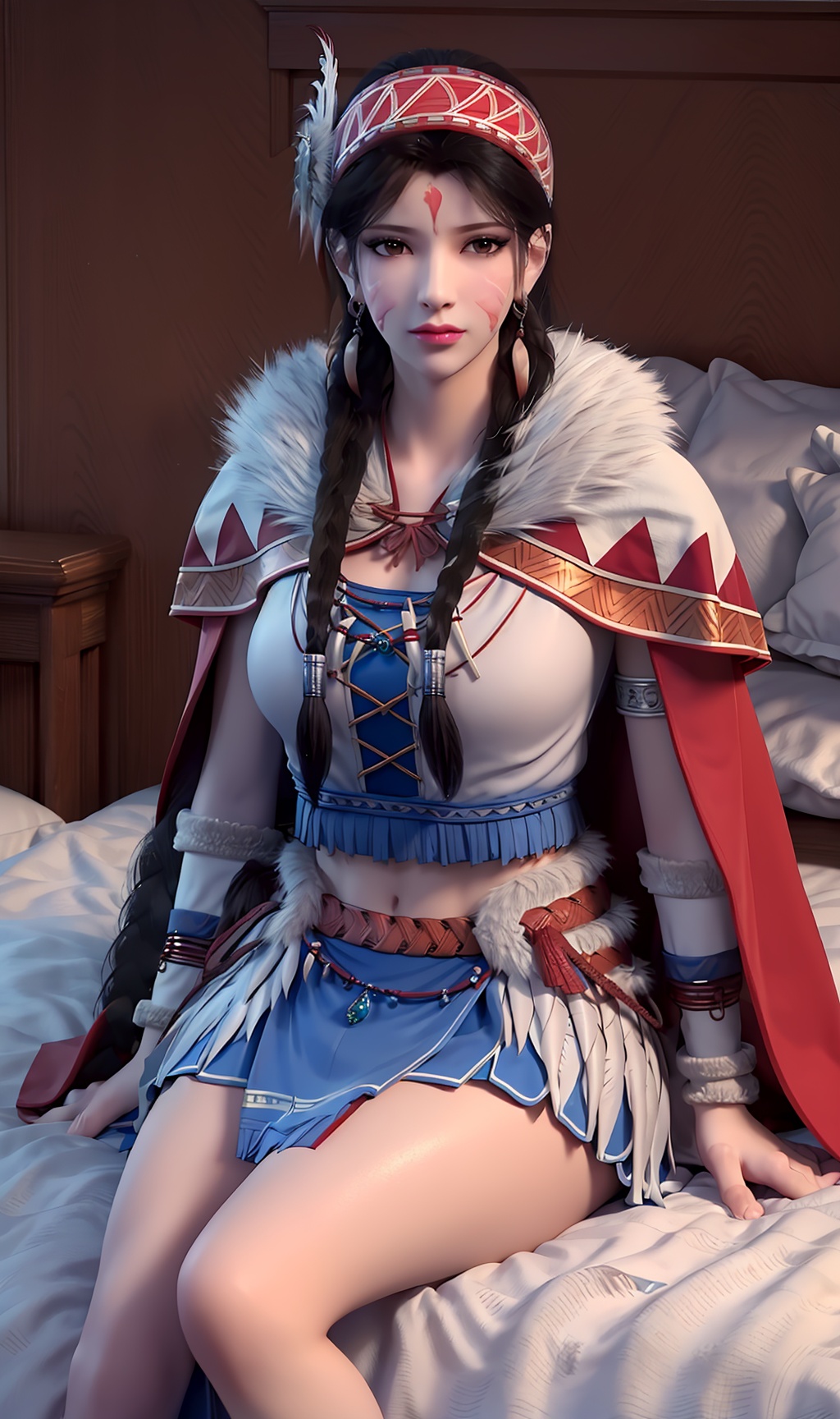 3D,masterpiece,(best quality),(makeup),official art, extremely detailed cg 8k wallpaper,((crystalstexture skin)), (extremely delicate and beautiful),(highly detailed),(face),(twin_braids),(headdress),(feather_hair_ornament),(headband),(facial_mark),(feather_trim),(1girl), (solo), (jewelry), (earrings),(black_hair),(long_hair),(hair_ornament),(handwear),(breasts),(sitting),((upper_body)),(long_legs),(closed_mouth),(skirt),(chinese_clothes),(dress),,(multicolored_clothes),(multicolored_dress),(shiny_clothes),(city,indoor,bed),(wristband),(navel),(fur),(ribbon),(fur-trimmed_cape),(cloak),,((looking_at_viewer)),((Facing the camera)),, <lora:hipoly3DModelLora_v10:0.3>