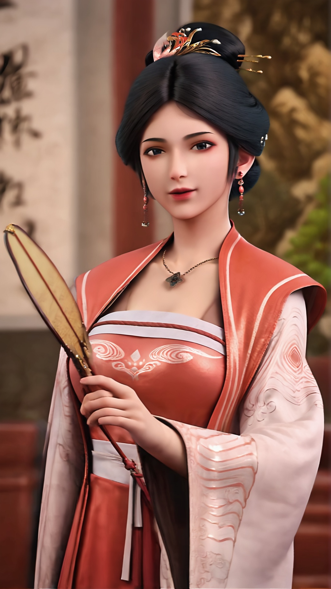 1girl,jewelry,chinese clothes,solo,earrings,black hair,necklace,blurry background,hanfu,hair ornament,holding,dress,looking at viewer,upper body,realistic,long sleeves,blurry,wide sleeves,black eyes,<lora:lora.by_tusi:0.8>,<lora:kong_皮肤纹理V2.0:0.7>,