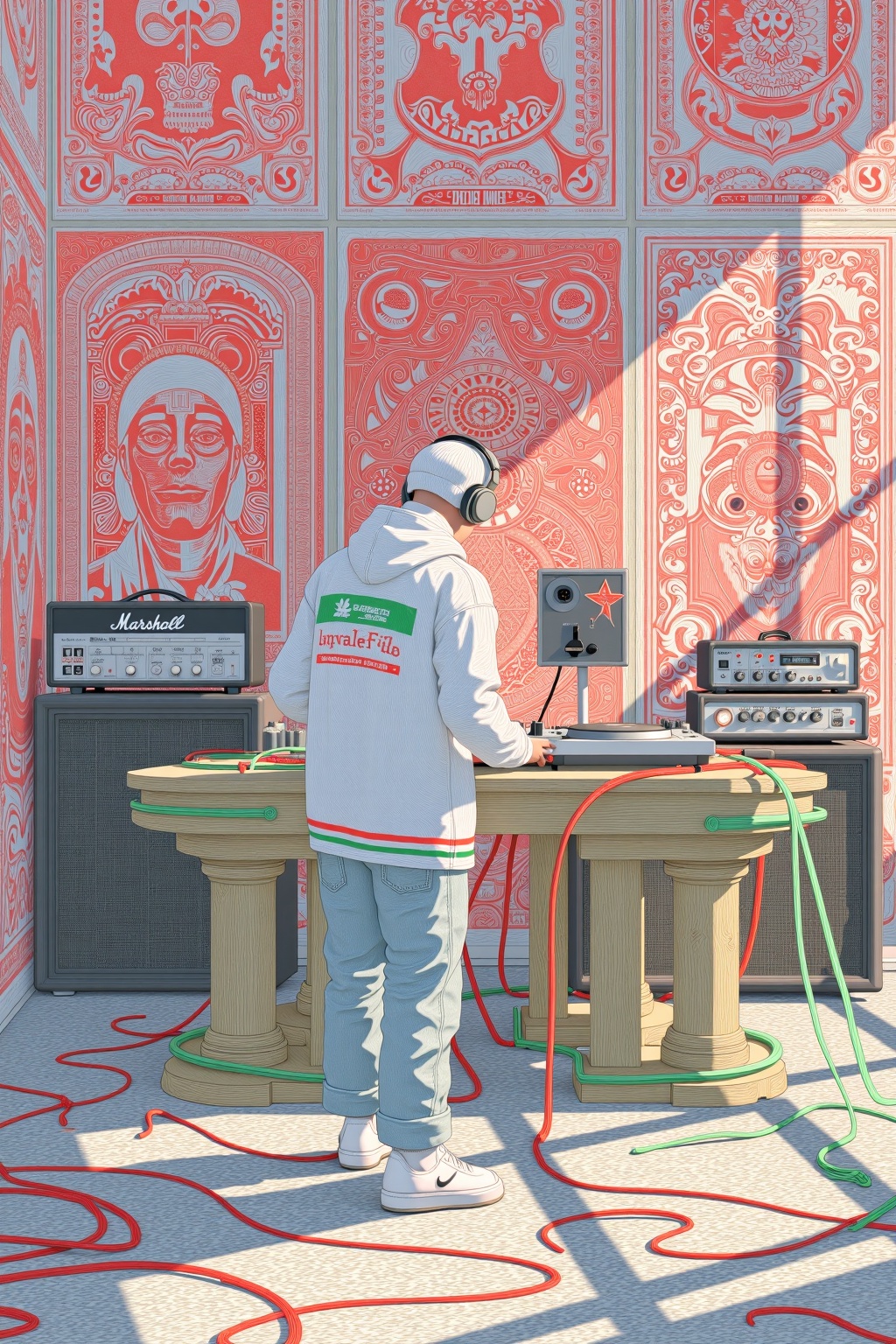 beijihui,The image depicts a person wearing a white hoodie with green and red stripes, standing in front of a turntable setup. The individual is wearing headphones and appears to be engaged in mixing music. Behind the person, there are several electronic devices, including a guitar amplifier and a digital audio workstation (DAW) with knobs and sliders. The room has a wall covered with intricate red and white patterns, which resemble posters or artwork. The floor is covered with a textured surface, and there are red and green wires scattered around. The lighting creates a warm and vibrant atmosphere, with sunlight streaming in from the right side. The overall setting suggests a creative and artistic environment, possibly a music studio.