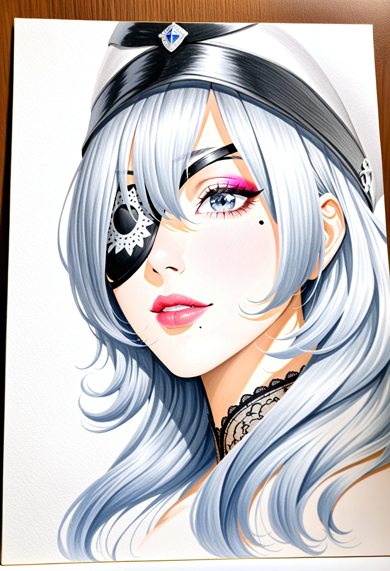 1girl,    photo \(medium\), graphite \(medium\), hat, white background, lips, eyepatch, mole, portrait, mole above mouth, makeup, lipstick, mixed media, long hair, solo, traditional media, profile, one-eyed, masterpiece, best quality, newest,  safe