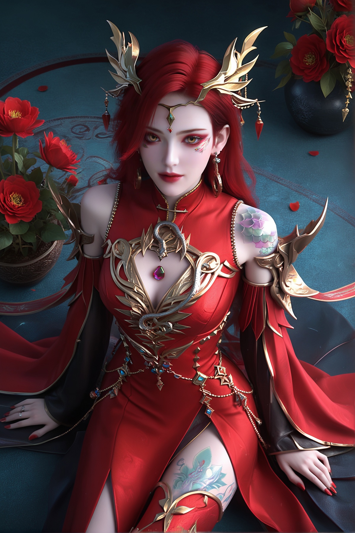 score_9,score_8_up,score_7_up,<lora:wy_xueyaonvwang_XL7.0:0.8>,1girl,earrings,jewelry,red hair,solo,red dress,tattoo,long hair,breasts,dress,colored skin,hair ornament,clothing cutout,detached sleeves,teeth,pale skin,yellow eyes,dark,wetting,thick_thighs,sitting,flower,many flowers,very many flowers,on_ground,from_above,
