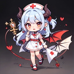 illustrated,original,very detailed wallpaper,girls,children,Succubus,mouth,white eyelashes,hair covering right eye,Demon teeth,Nurse's hat on head and huge demon horns,white keel hair ornament and red rose hovering on head,Demon Wings Headdress,European Medieval style dress,Dress with red gems,nurse's uniform,conservative,full body,, masterpiece,best quality,very aesthetic,absurdres,