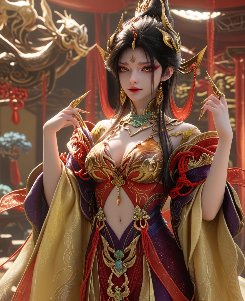 (oriental architecture, elegant decor, sophisticated style:1.1),(contemporary aerial dance:1.1),(breasts:1.2),<lora:永劫无间南宫锦五丰太岁:0.95>,miss nangongjin,orange red corset dress with plum,yellow eyes,eyeshadow,forehead mark,black hair,traditional chinese updo with long front strands,hair ornament,earrings,jewelry,claw ring,wide flowing sleeves,cleavage,, score_9,score_8_up,score_7_up,score_6_up,score_5_up,score_4_up,3d rendering,tag1,tag2, Cinematic Lighting,backlighting,