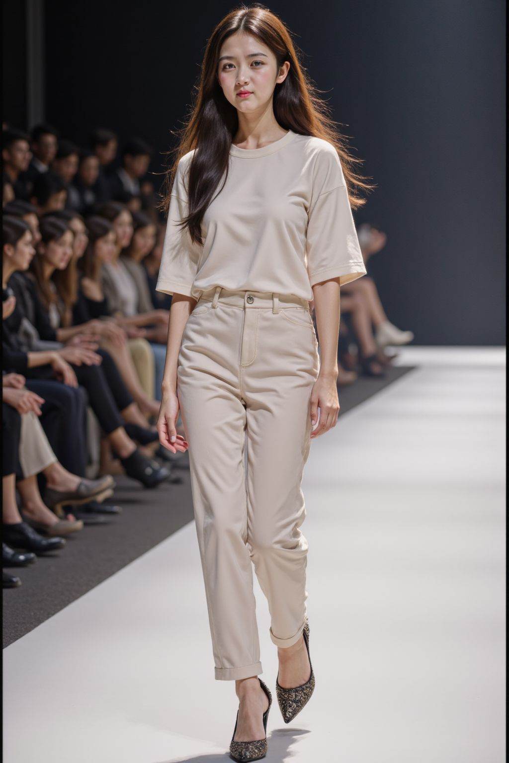 Fuji camera filter,Catwalk,Catwalk,Vogue Runway K-pop models walk the catwalk,simple outfits,and you can see the catwalk when you look from the side.,