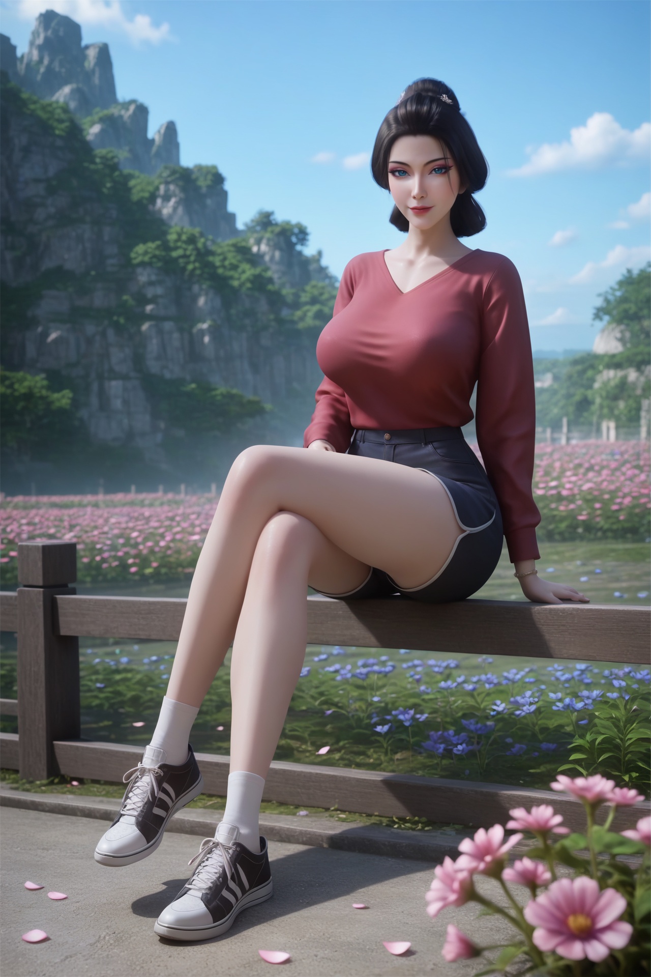 fanjingmei,<lora:fanjingmeiXL:0.6>,score_9,score_8_up,score_7_up,32K UHD,8k,4k,best quality,extremely detailed cg 8k wallpaper,ultra-detailed,masterpiece,sharp focus,unconventional supreme masterpiece,masterful details,temperate atmosphere,with a high-end texture,luxurious sharp focus,intense,dynamic cinematic color,located artistic,Fashion and art,elegant and sophisticated,innovative use of light and shadow,decorative,allegorical,symbolic,with a high-end texture,day,sky,outdoors,flower,flower field,petals,sitting,pale skin,1girl,solo,big breasts,looking at viewer,sweatshirt,shorts,shoes,