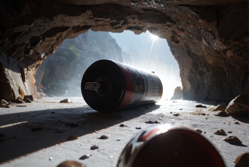 oia stunning,cinematic photo, cpbg, inside the rock cave, close-up of a bottle of beer, ice cubes, rocks, backlight effect, caustics