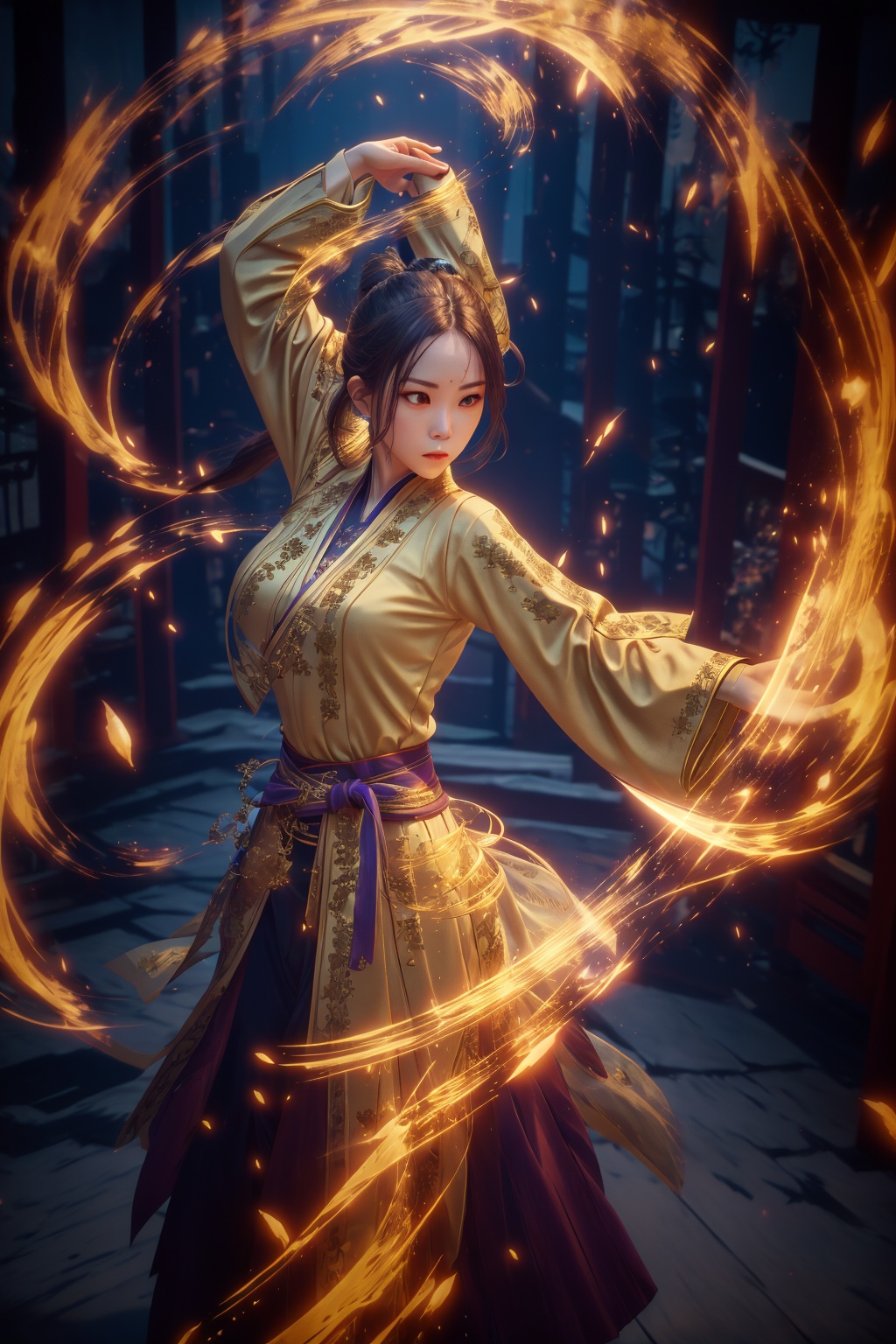 golden-aura,using golden-magic,golden-magic,ancient-costume,dancing,fighting stance,1girl,solo,<lora:magic_fighting_golden_512_15:0.8>,
