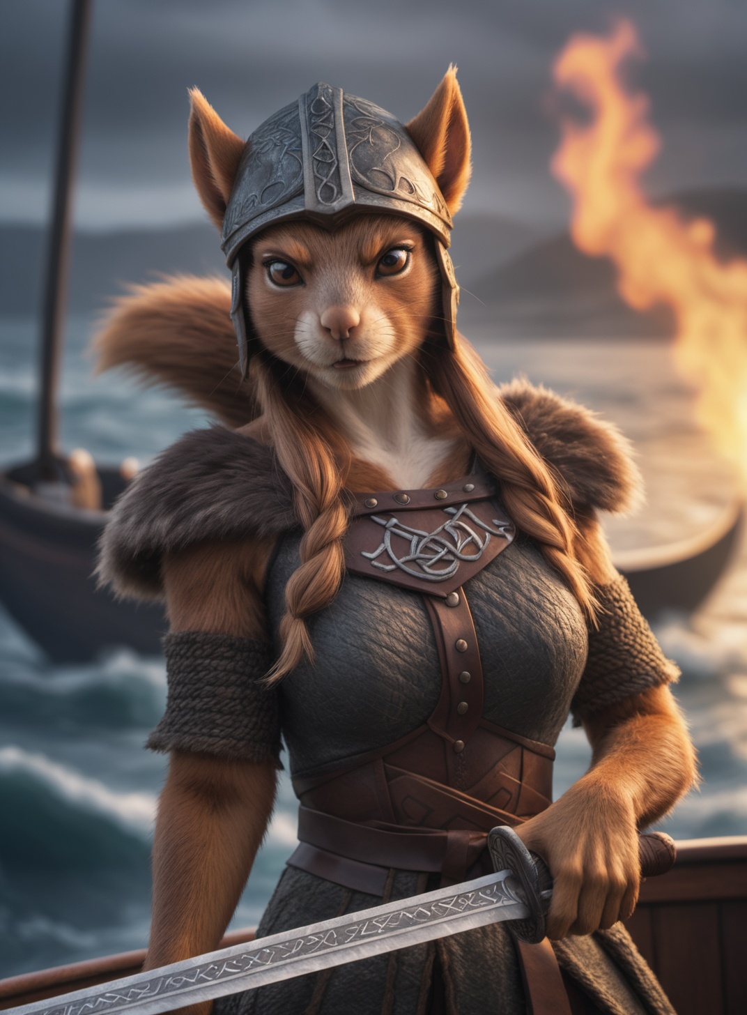 Closeup photo of an anthro viking squirrel female on his boat ,  epic pose,  natural light on Tensor.Art