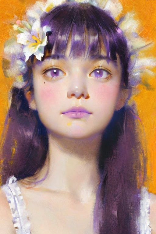 Portrait front,1girl,masterpiece,highest quality,high quality,realistic photo,(coupy pencil:0.3),brush strokes,oil painting,masterpiece,highest quality,high quality,cute,wallpaper,concept artflower,rim light,blurry and many light particles,Movie Lighting,colorful,looking at viewer,upper body,mole,eyelashes,fashion photography,soft focus,eclectic,depth of field,close up,face focus,simple background,yellow background,1girl,solo,flower,hair ornament,long hair,purple hair,upper body,looking at viewer,sleeveless,white flower,bangs,multicolored eyes,yellow background,shirt,closed mouth,purple eyes,smile,white shirt,sleeveless shirt,frills,hair flower,bare shoulders,breasts,blunt bangs,frilled shirt,hairclip,lily (flower),crescent,