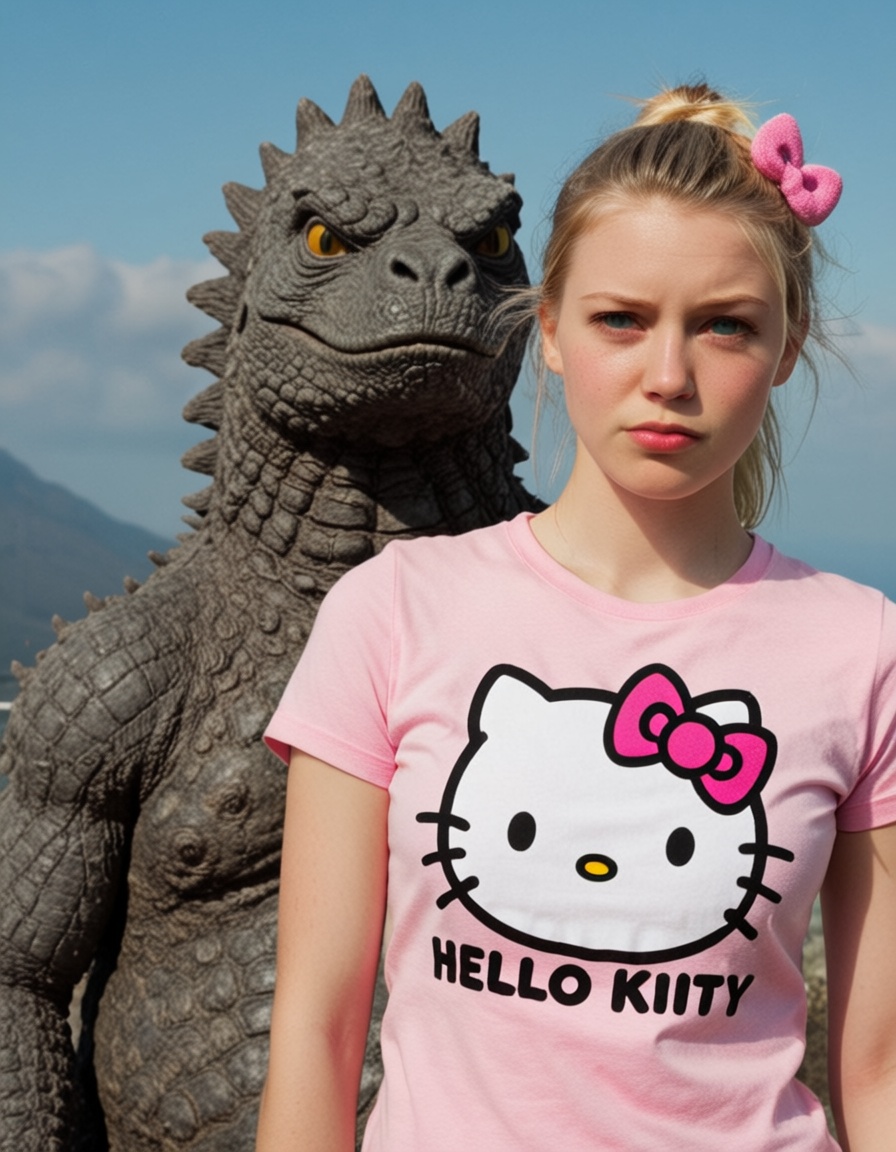 beautiful blonde girl with a pink hello kitty t-shirt,  godzilla in the background is judging you too on Tensor.Art
