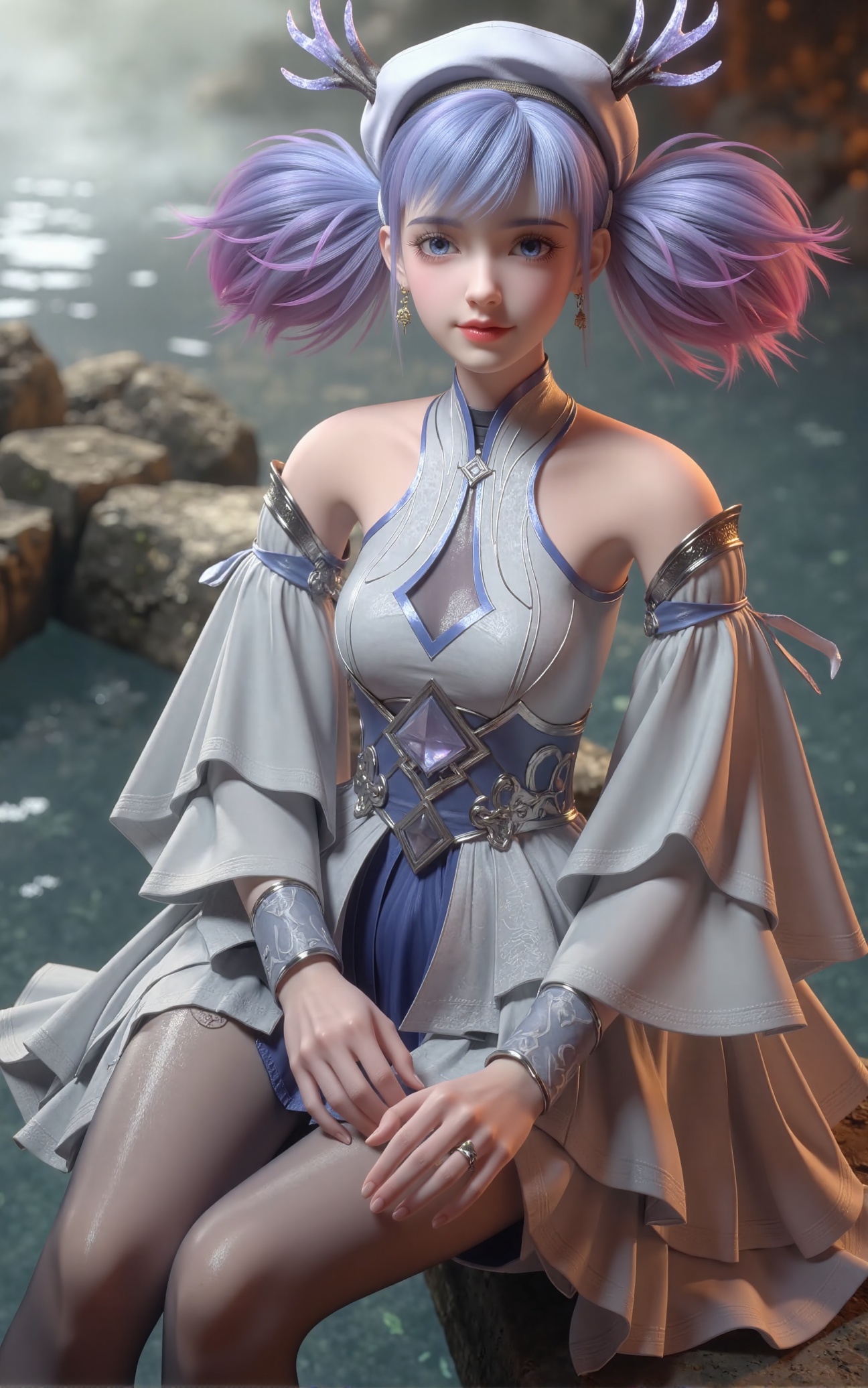 Tutu Aurora 8D Pantyhose (name is a trigger word), Generate an elegant and serene image of Xiaolu — a female character inspired by East Asian aesthetics. She is sitting beside a tranquil hot spring, with steam gently rising around her. The scene has a soft, warm glow that highlights her delicate features.  Xiaolu has long purple hair styled in twin tails or pigtails, some strands are lavender with purple tips, others dyed blue or pink. Her bangs frame her face as she looks directly at the viewer with a gentle, confident smile that conveys both grace and charm.  Instead of a swimsuit, she wears a white and silver futuristic fantasy outfit: a high-collar dress with off-shoulder sleeves, a frilly skirt, and thigh-high stockings. Accessories include an ornate headpiece, feather-adorned hat, silver choker, large earrings, and intricate jewelry with elaborate patterns. Despite the modest attire, her poised posture and expression convey a subtle sense of elegance and allure.  The setting is dreamy and atmospheric, with warm lighting reflecting on the water's surface and surrounding rocks. The overall mood is peaceful yet captivating, blending sensuality with refinement.  The image should be rich in detail, emphasizing fabric texture, lighting effects, and facial expression. tutu Aurora 8D Pantyhose