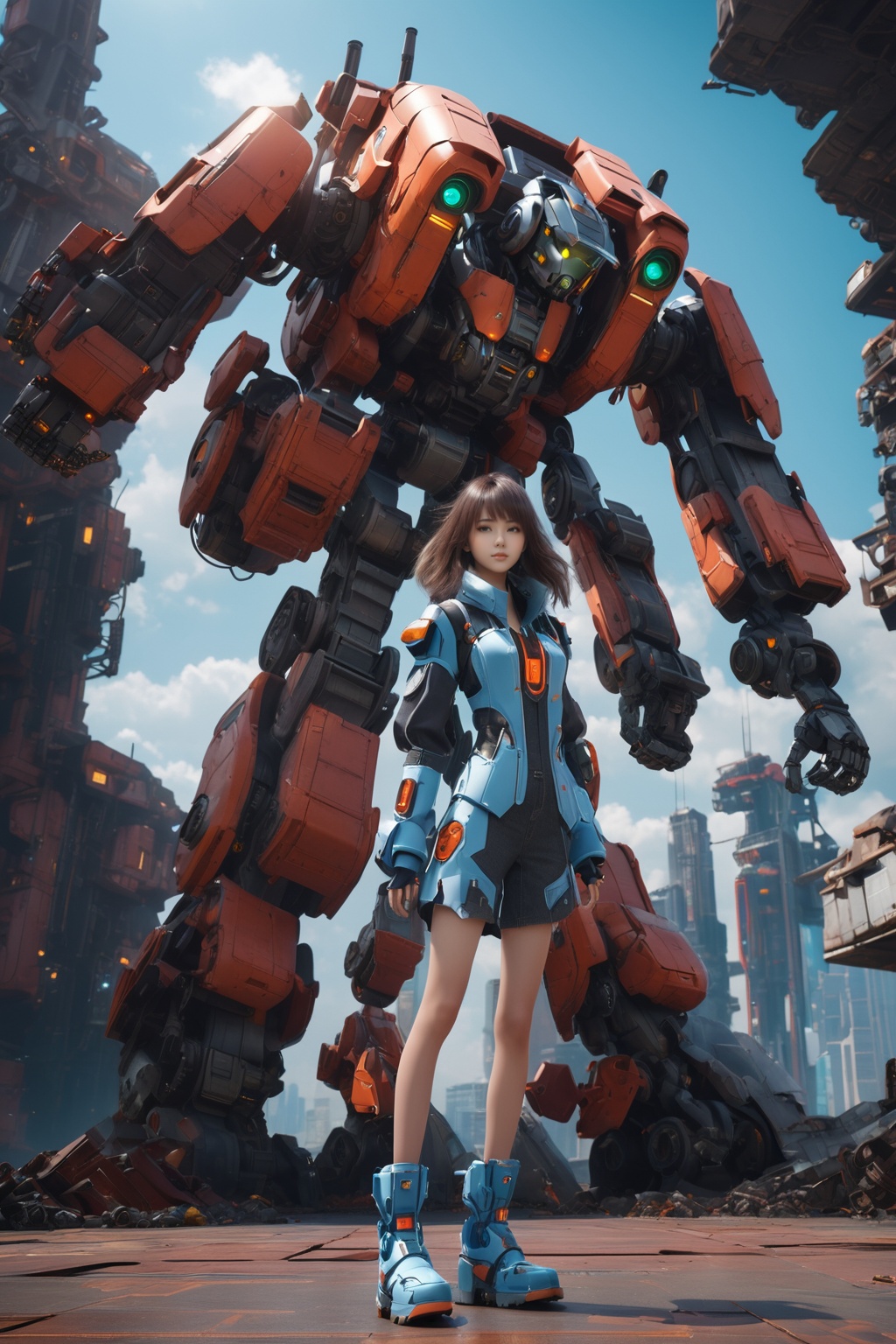 professional 3d model A girl wears a mech suit with a dynamic character,wearing mecha shoes,20 years old,full_shot:1.2,the pose of the character is dynamic,the atmosphere is a bit hazy,to give the scene a dreamy and ethereal quality,2.5D,with a secret mech style,absurdres,detailed,the background in the skyscraper,with green lights and metal versions,with the ruins world,SMOOTH and StreamLined Design,the blue light and red details on the mech,<lora:JA-000010:1>, . octane render, highly detailed, volumetric, dramatic lighting