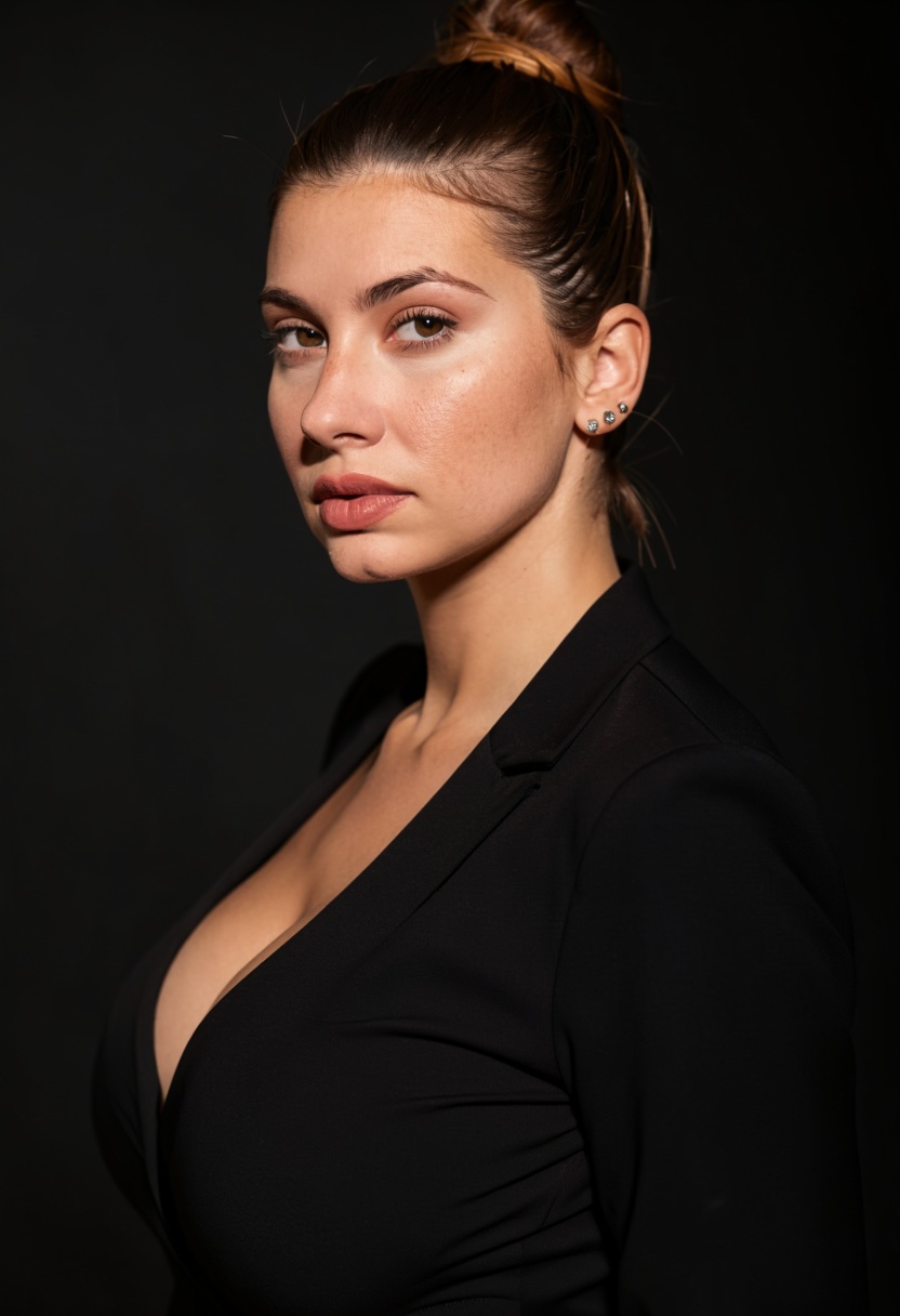 woman close-up beauty portrait with dramatic side lighting,  wearing metallic accessories and a bold black outfit,  intens...