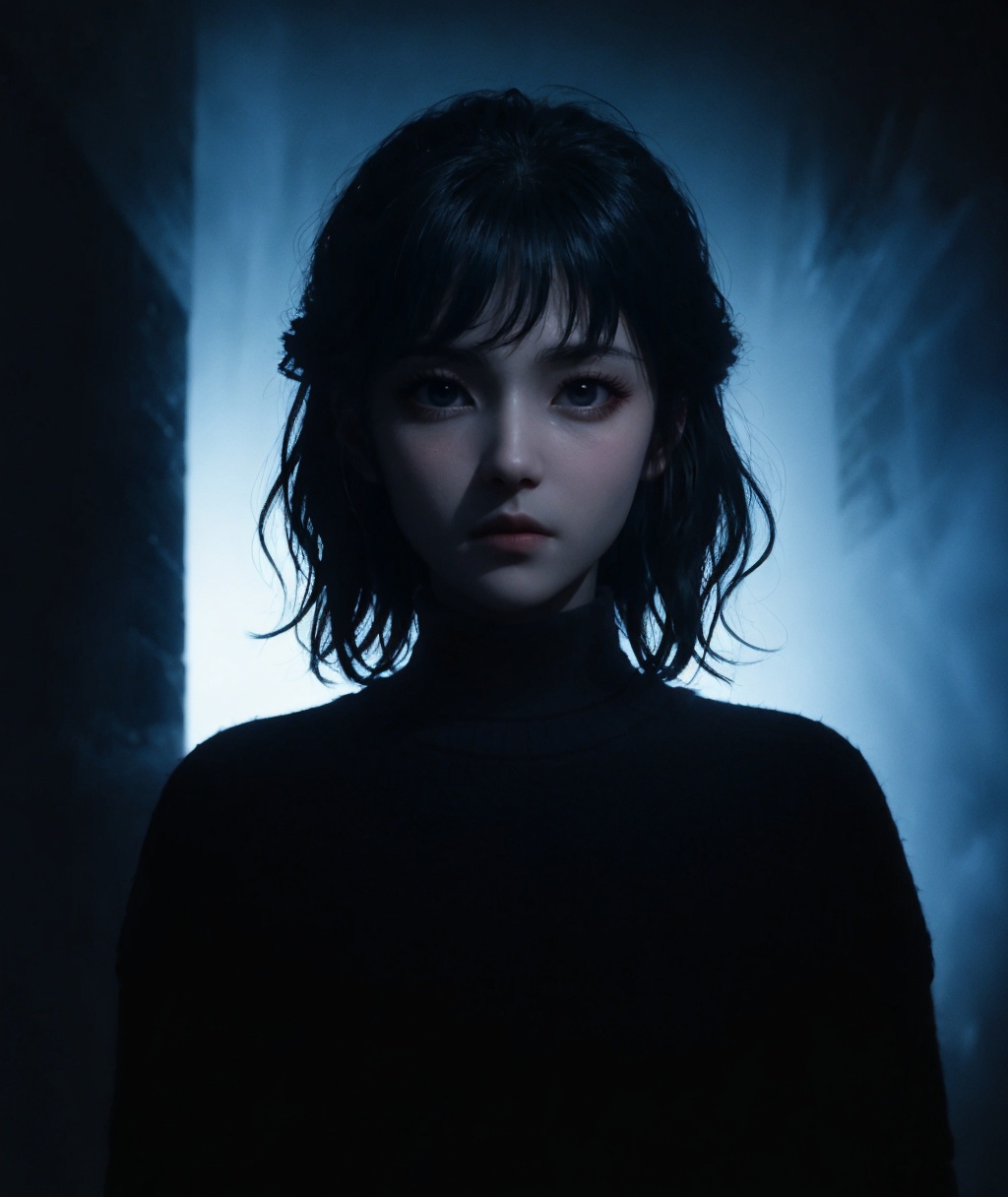 blue,light,glow,(dark),fog,(upper body),fantasy,<lora:lora.by_tusi:0.8>,1girl,closed mouth,wavy medium hair,head up,staring,(looking at viewer),(black sweater:1.3),<lora:斗罗大陆2-王冬儿:0.7>,wangdong,