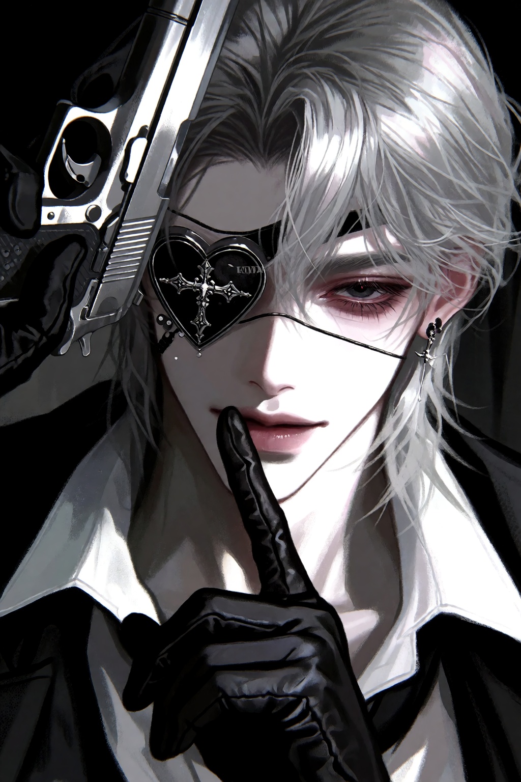 A close-up portrait depicts a silver haired man dark pink eyes with swept bangs and tousled hair wearing a heart-shaped,...