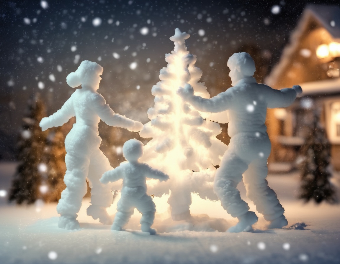 photo of a family made of snow,  dancing around the christmas tree,  cinematic nightly on Tensor.Art