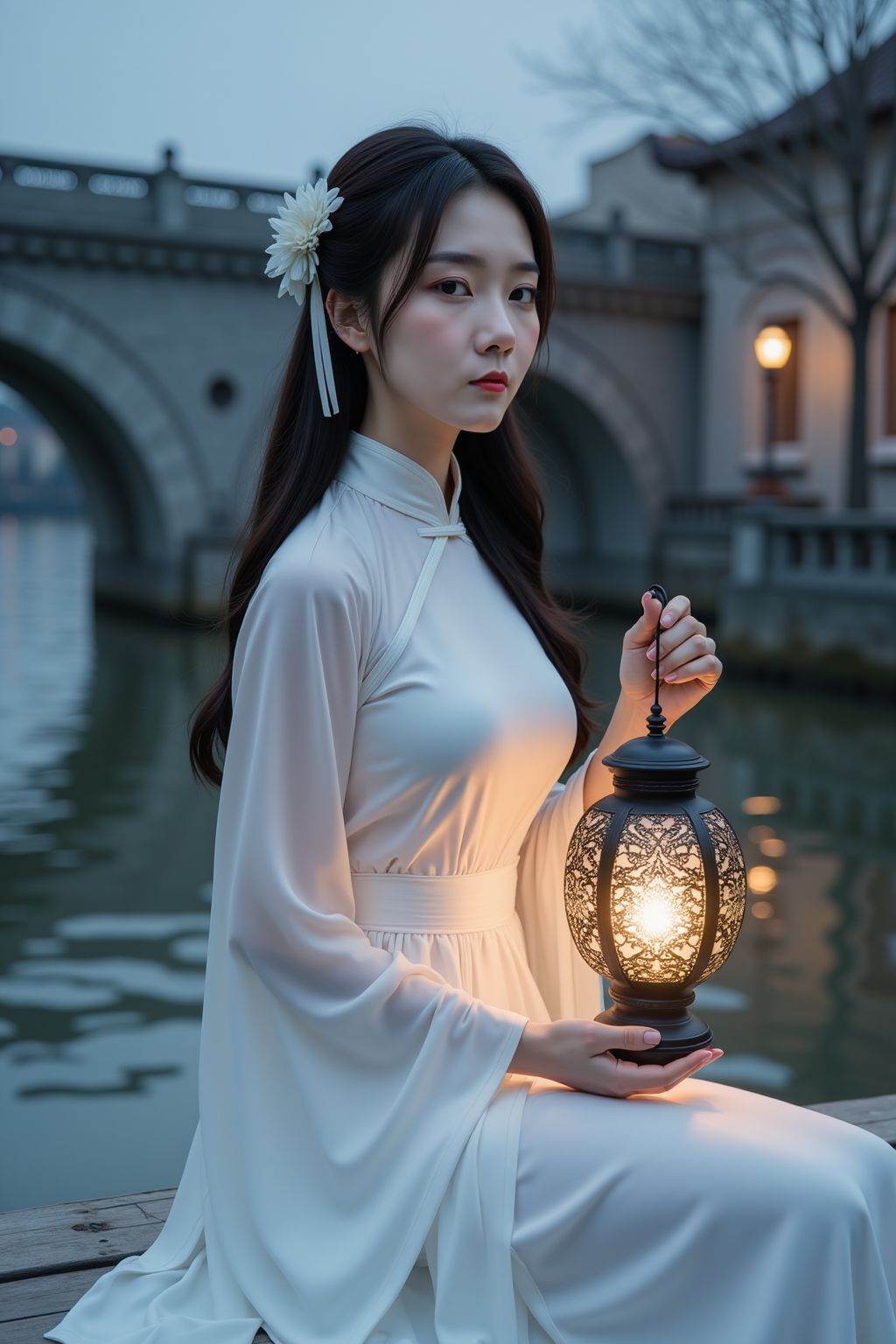 This photograph depicts a young Asian woman with fair skin and long, dark hair adorned with a white ribbon, dressed in a flowing white traditional Chinese qipao. She sits on a wooden bridge at twilight, holding an ornate black lantern that emits a soft, warm glow. The background features a serene river, a stone bridge with arches, and a classic street lamp. The overall ambiance is tranquil and ethereal, with muted blue and gray hues reflecting the evening sky. The image captures a blend of traditional and contemporary aesthetics.