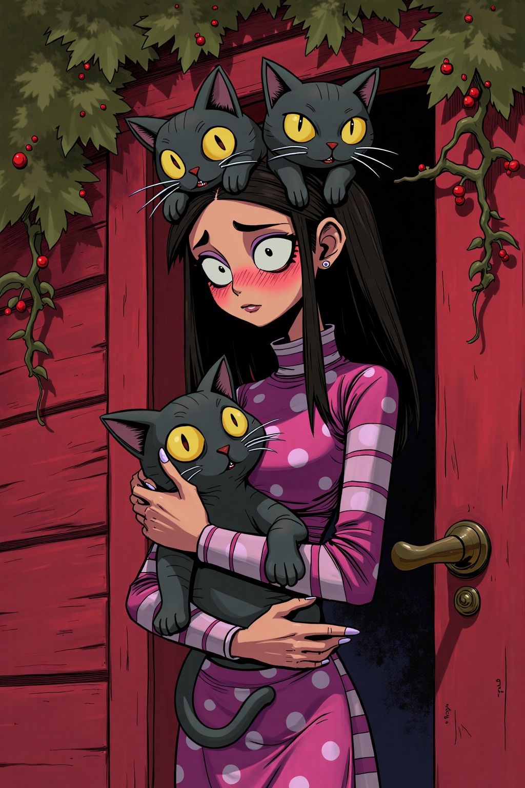 beijihui,A cartoon drawing of a woman holding a black cat in her arms. The woman is wearing a pink dress with white stripes and pink polka dots. The cat has yellow eyes and a black tail. Above her head are two black cats with yellow eyes. The cats are facing the left side of the image. Behind the woman is a red door. To the right of the door is a tree branch with red berries hanging from it.