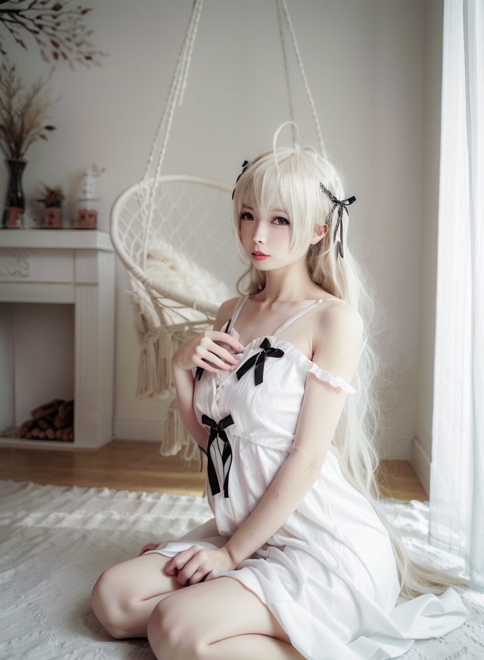 qiongmei,1girl,solo,long hair,dress,cosplay,seiza,sitting,blonde hair,ribbon,white dress,white hair,ahoge,realistic,hair ribbon,<lora:qiongmei_20231206232120:1>,