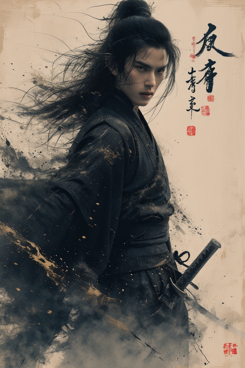 sdmai, wuxia, Chinese ink painting, artistic ink painting, Chinese martial arts films, wearing black robes, fighting posture, cinematic grandeur, splashing details, wild and powerful, weapon, sword, solo, 1boy, black hair, male focus, holding weapon, holding, holding sword, long hair, looking at viewer, topknot, japanese clothes, scar, hair bun, katana  <lora:SDMAI武侠wuxia:0.8>