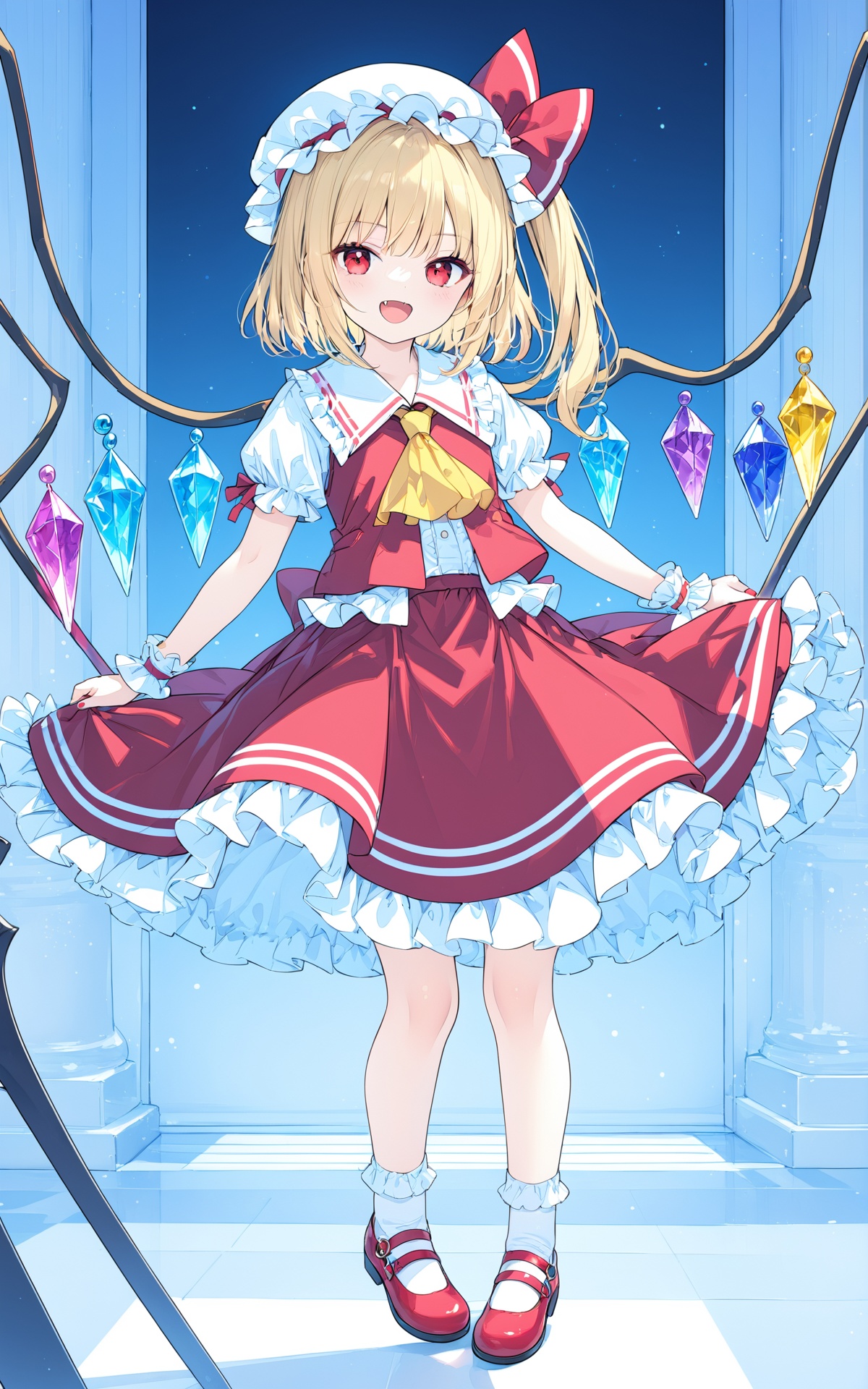 (masterpiece),(best quality),illustration,ultra detailed,hdr,Depth of field,(colorful),loli,flandre scarlet,hat,1girl,red eyes,mob cap,red skirt,blonde hair,ascot,skirt,crystal,solo,vest,open mouth,red vest,short sleeves,socks,white headwear,shoes,puffy sleeves,red footwear,white socks,yellow ascot,wrist cuffs,puffy short sleeves,frills,mary janes,chain,full body,shirt,laevatein (touhou),smile,hat ribbon,looking at viewer,white shirt,one side up,skull,red ribbon,ribbon,skirt set,frilled skirt,bangs,:d,blood,frilled shirt collar,red nails,bow,red bow,bobby socks,petticoat,fang,medium hair,short hair,collared shirt,