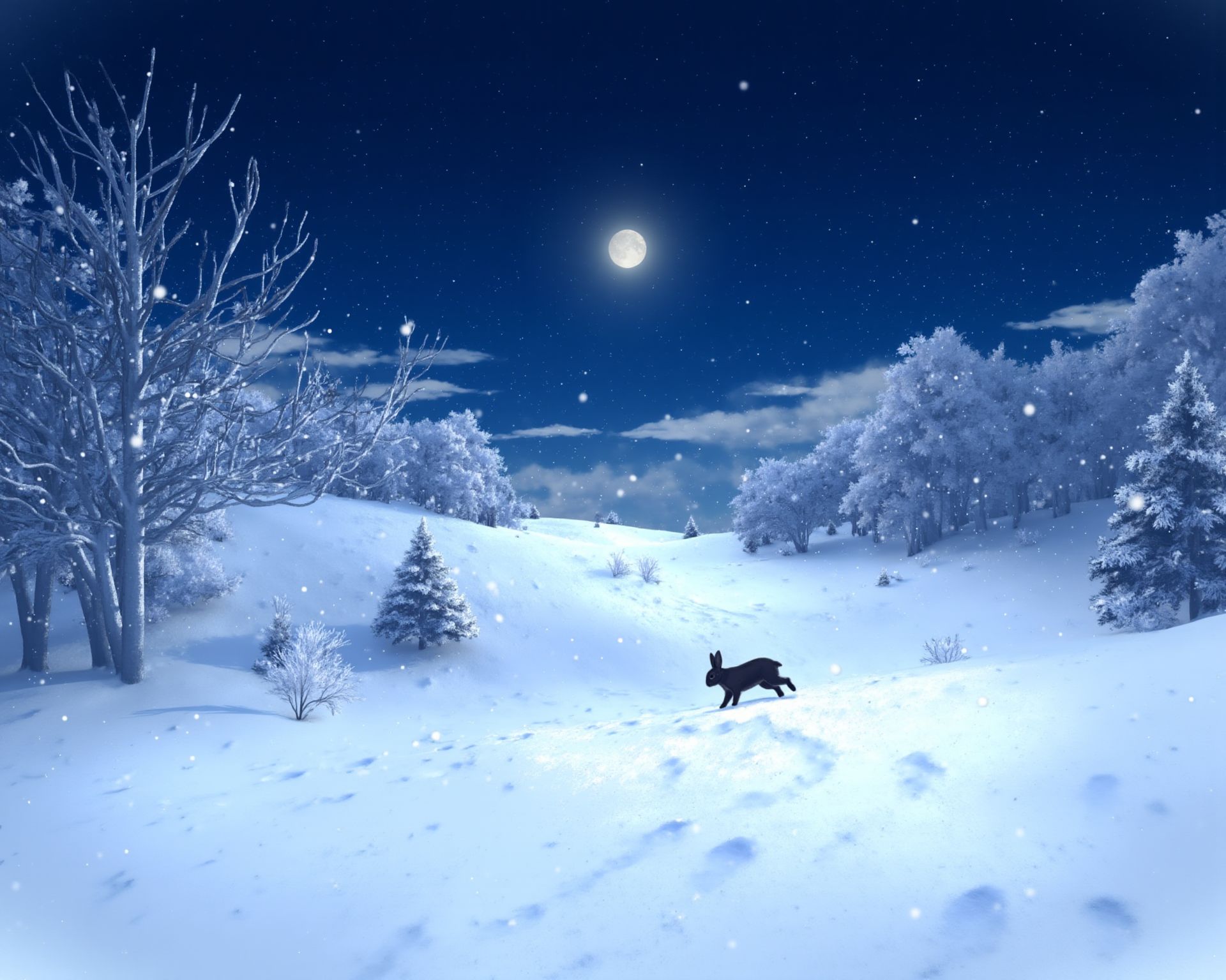The image is a digital illustration of a snow-covered landscape under a moonlit sky. The snow is a pristine white, and the trees are coated in a layer of frost, their branches glistening in the moonlight. A rabbit is seen hopping through the snow, its tracks creating a pattern in the otherwise untouched landscape. The sky is a deep, inky blue, with the moon casting a soft, silvery glow over the scene. The illustration evokes a sense of solitude and the quiet beauty of a winter's night. <lora:S_BLACKGROUD_:1>