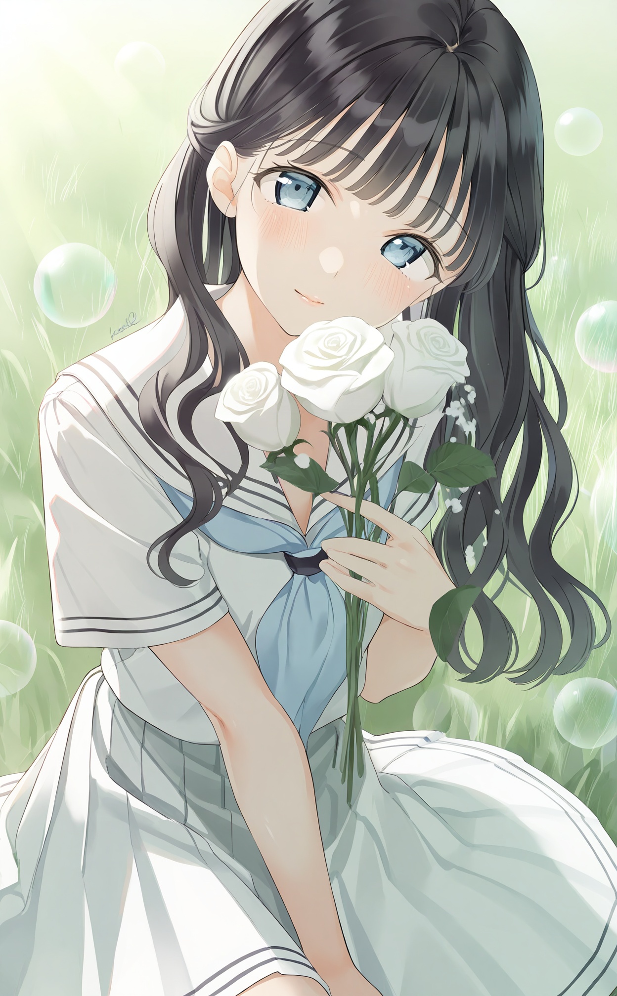 mmasterpiece,absurdres,best quality,petite,high quality,chromatic_aberration,//,1girl,solo,flower,white_skirt,skirt,black_hair,white_serafuku,white_flower,long_hair,holding,sailor_collar,holding_flower,school_uniform,looking_at_viewer,white_sailor_collar,shirt,white_shirt,rose,short_sleeves,serafuku,white_rose,blue_eyes,pleated_skirt,head_tilt,bubble,blush,grass,outdoors,closed_mouth,sunlight,on_grass,smile,parted_lips,day,blue_neckerchief,blunt_bangs,signature,bouquet,holding_bouquet,//,<lora:kinako_(shiratama_mochi)——【noob】hans:0.95>,