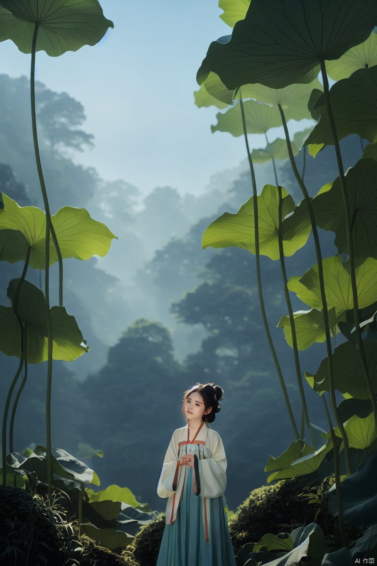 Serene Hanfu-clad beauty stands tall against lush Lotus Leaf Background, flowing skirt and long sleeves billowing in gentle breeze. Lush lotus leaves stretch towards sky in distance. Wide shot captures striking figure amidst serene landscape, leafy scenery subtly emphasizing elegance.YT lotus leaf<lora:EMS-383515-EMS:0.800000>