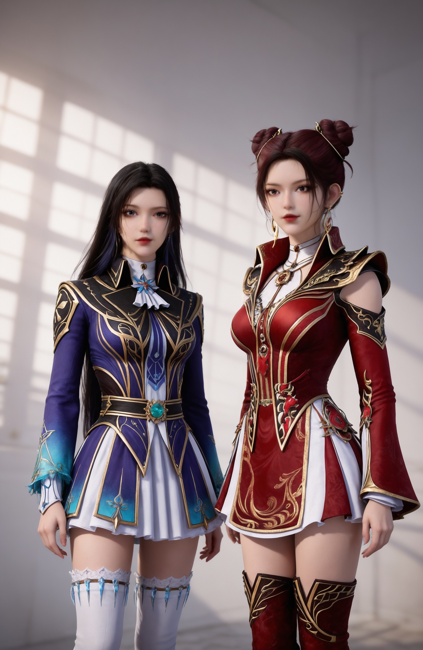 <lora:斗罗大陆2凌落宸+马小桃双人Pony2:0.7> 2girls, long hair, black hair, blue eyes,brown hair, hair bun, earrings,brown eyes,, detached sleeves, long sleeves, white thighhighs, red thighhighs,red thigh boots,white thigh boots, blue dress, red dress,, Close-up details,realistic style photo outstanding style,Use soft lighting to cast gentle shadows on the subject,adding a touch of dimension to your images without compromising details,score_9,score_8_up,score_7_up,looking at viewer,, realistic style photo,outstanding style,adding a touch of dimension to your images without compromising details,whirls of vapor,ethereal ambiance,delicate details,magical atmosphere,concept art,highly detailed,ultra-high resolution,32K UHD,sharp focus,best-quality,masterpiece,golden hour,unconventional supreme masterpiece,masterful details,temperate atmosphere,with a high-end texture,in the style of fashion photography,magazine style,Dynamic Angle,Dynamic posture,(cowboy_shot:1.2),depth of field,lens flare,extreme aesthetic,masterpiece,best quality,good quality,newest,year 2025,very aesthetic,absurdres,Visual impact,A shot with tension,ultra-high resolution,32K UHD,sharp focus,best-quality,masterpiece,Emotionalization,unconventional supreme masterpiece,masterful details,temperate atmosphere,with a high-end texture,in the style of fashion photography,(Visual impact:1.2),giving the poster a dynamic and visually striking appearance,