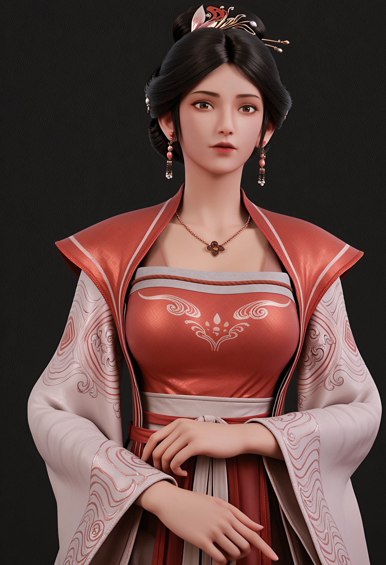 score_9,looking_at_viewer,upper body,(large breasts:0.8),xushi,1girl,solo,black hair,jewelry,earrings,realistic,hair ornament,hair bun,necklace,brown eyes,chinese clothes,lips,long sleeves,dress,hanfu,shoes,(simple background,pure black background,black background:1.1),perfect_anatomy,<lora:QQSponyxushiV1:0.8>,