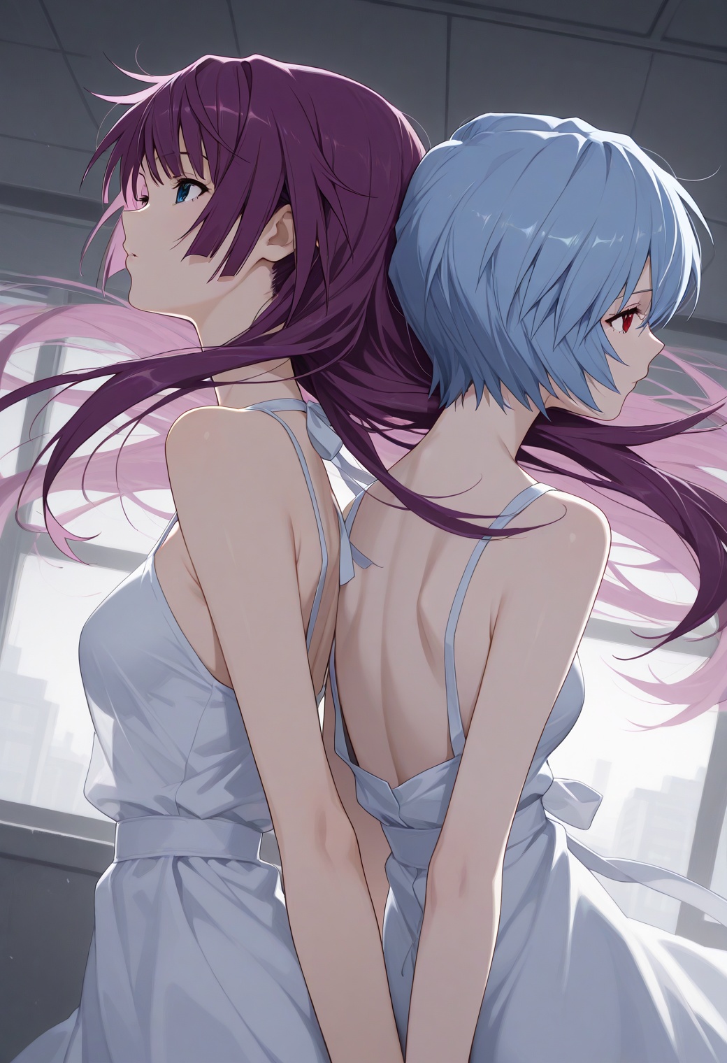 1girl,ayanami rei,neon genesis evangelion,2girls,senjougahara hitagi,monogatari \(series\),masterpiece,best quality,absurdres,newest,dutch angle,back-to-back,hair drifting,