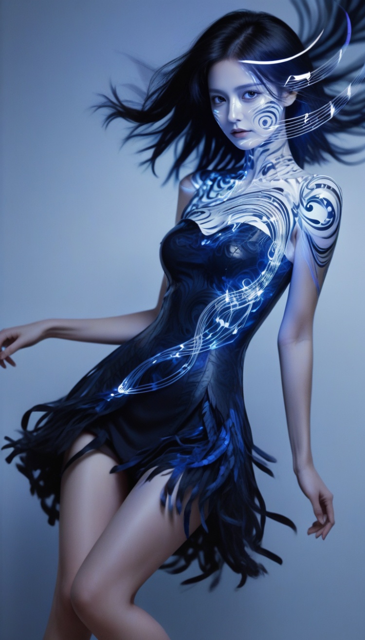 the skull is distorted by the twists and turns of a woman with dark hair,in the style of neon impressionism,dark blue and light black,photoillustration,made of feathers,expressive light and shadow,expressionist emotiveness,(upper knees shot:1.3),(((musical notes in the air. sound waves. musical staff. woman who exudes elegance))),upper thighs shot,inspired by electric expressionism with swirls,embodied within electrical art,(((musical notes. symphony))),by Dreamer,ultra-thin,Very detailed,transparent glow body,