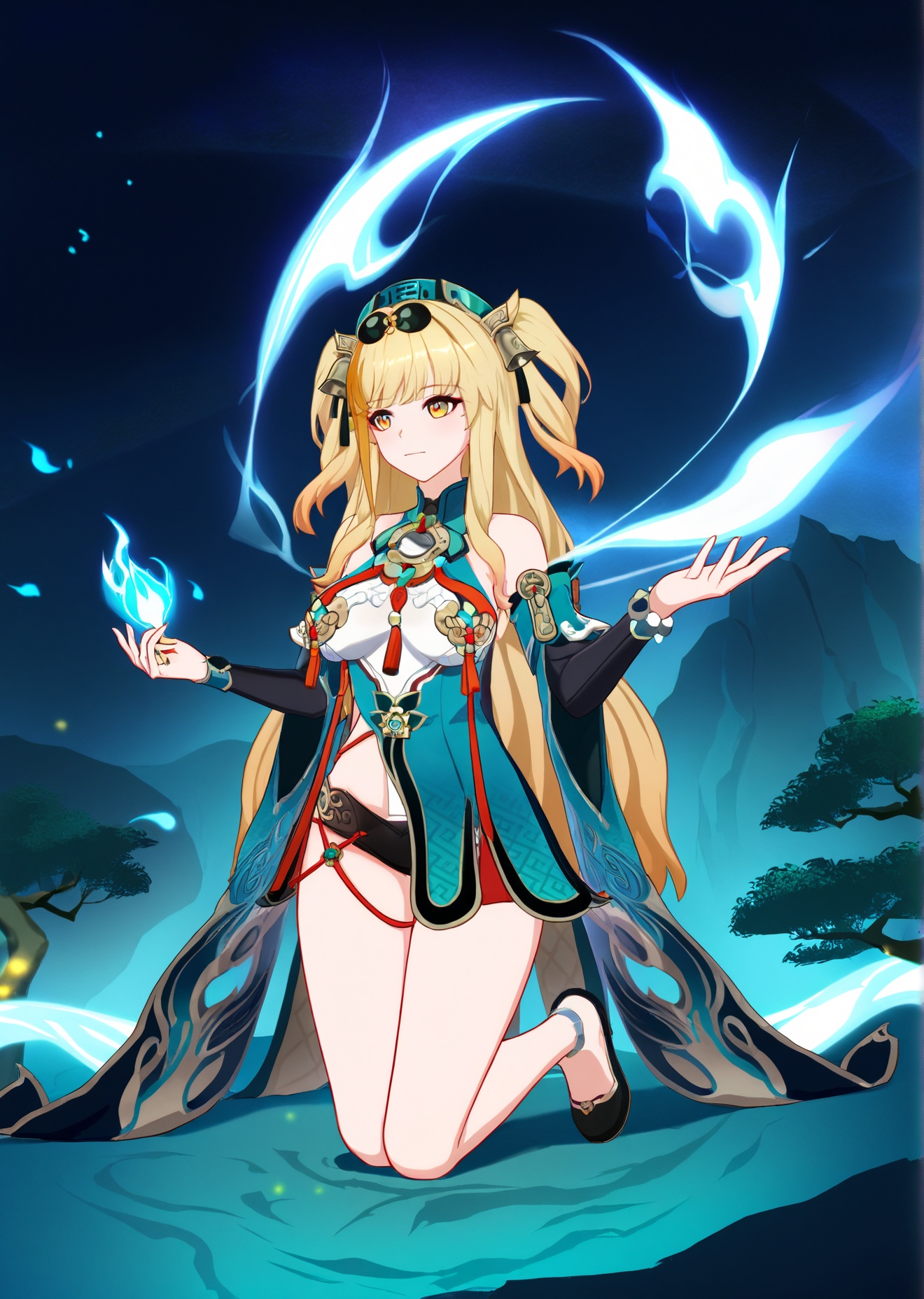8k, best quality, masterpiece, (ultra-detailed), (high detailed skin), <lora:songque-artiwaifu-Tanger-000009:0.7>, 1 old man, 1girl, songque, 1st clothes, shen1, 1girl, blonde hair, long hair, two side up, breasts, multicolored hair, kneeling under an ancient, gnarled tree. A wise immortal figure in flowing white robes gently touches her head, bestowing a blessing. Mystical aura surrounds them. Ethereal forest background with soft, glowing lights filtering through the trees. Dreamlike ambiance, golden and blue hues. Created Using: delicate brush strokes, traditional Chinese painting style, soft gradients, intricate details, fantasy art, serene expression, mystical lighting, ethereal atmosphere, hd quality, natural look, <lora:jijiav2-a3-Tanger-000005:0.8>, jjijia, 2d, anime, 