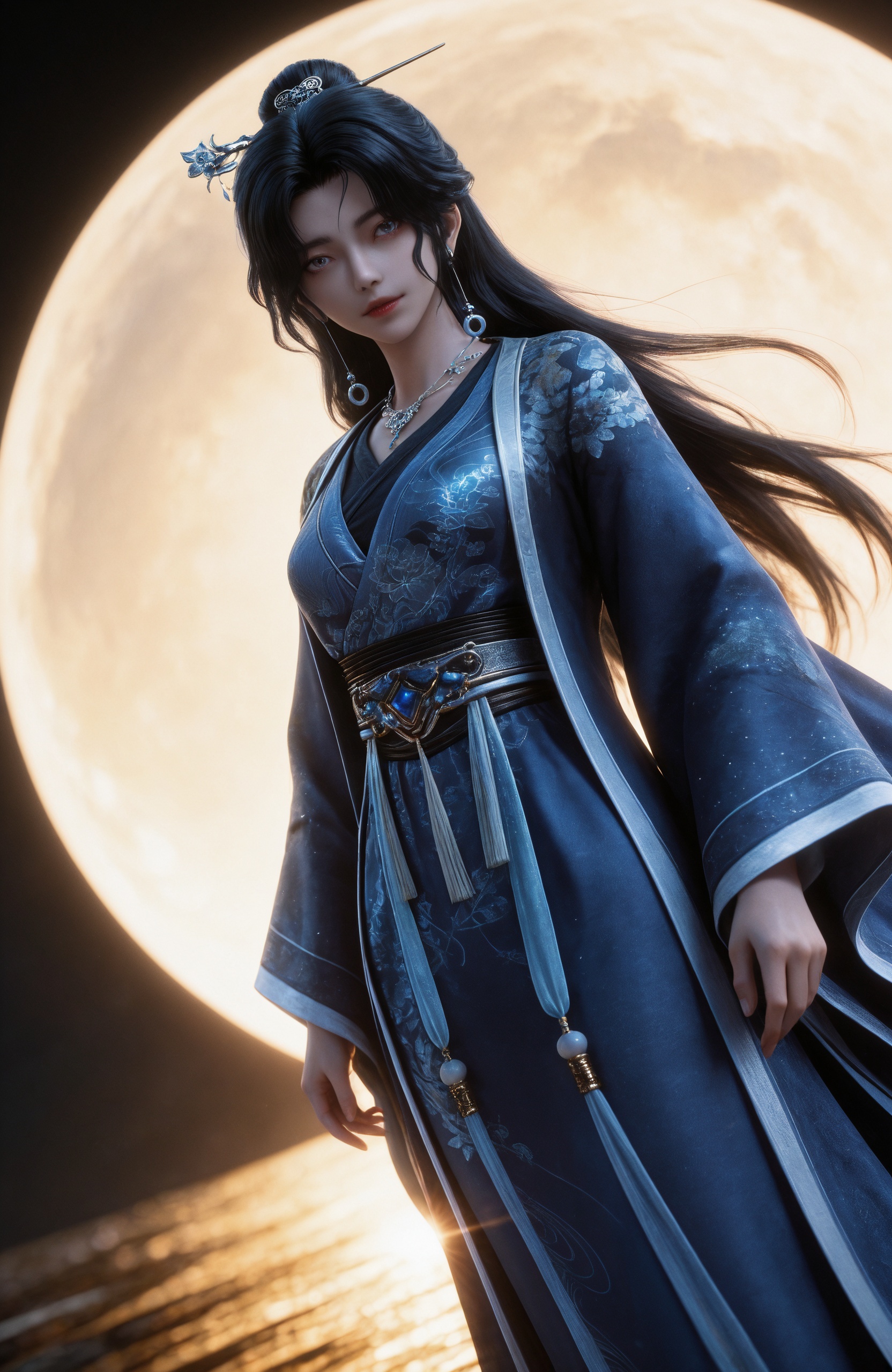 <lora:剑来-长春宫太上长老IL:0.8> 1girl, black hair, long hair, hair ornament, hair bun, earrings, chinese clothes, blue dress, long sleeves, hanfu, sash,black footwear,, realistic style photo,outstanding style,Use soft lighting to cast gentle shadows on the subject,adding a touch of dimension to your images without compromising details,whirls of vapor,(Anime:1.1),soft neon light,ethereal ambiance,delicate details,magical atmosphere,concept art,highly detailed,ultra-high resolution,32K UHD,sharp focus,best-quality,masterpiece,golden hour,unconventional supreme masterpiece,masterful details,temperate atmosphere,with a high-end texture,in the style of fashion photography,magazine style,Dynamic Angle,Dynamic posture,magazine style,Dynamic Angle,Dynamic posture,(cowboy_shot:1.2),eye trail,depth of field,cinematic lighting,lens flare,close-up,extreme aesthetic,(wlop:0.6),(honjou raita,lack,rella,wanke:0.5),masterpiece,best quality,good quality,newest,year 2025,very aesthetic,absurdres,Visual impact,A shot with tension,ultra-high resolution,32K UHD,sharp focus,best-quality,masterpiece,Emotionalization,unconventional supreme masterpiece,masterful details,temperate atmosphere,with a high-end texture,in the style of fashion photography,(Visual impact:1.2),giving the poster a dynamic and visually striking appearance,, (1girl, solo, masterpiece, best quality, very aesthetic, amazing quality, absurdres, newest, simple background), BREAK, depth_of_field, dynamic_angle, black_background, white_background, gold, woman, looking at viewer
